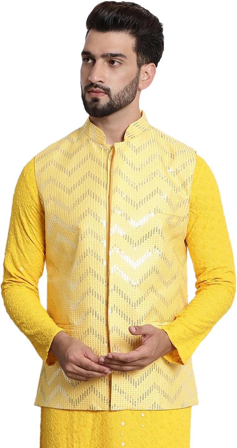 Sojanya (Since 1958 Men'S Silk Blend, Gold Sequence Embroidered Nehru Jacket