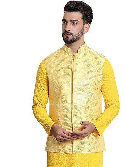 (Since 1958 Men's Silk Blend, Gold Sequence Embroidered Nehru Jacket