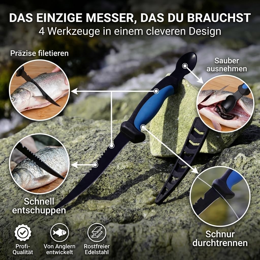 4in1 Ausnehmmesser Fisch mit Löffel als Ausnehmhilfe | Filitiermesser Scharf Fisch 15cm Klinge | Fischmesser Angelmesser Ausnehmen Messer Filiermesser Angel Messer Angeln Fischen