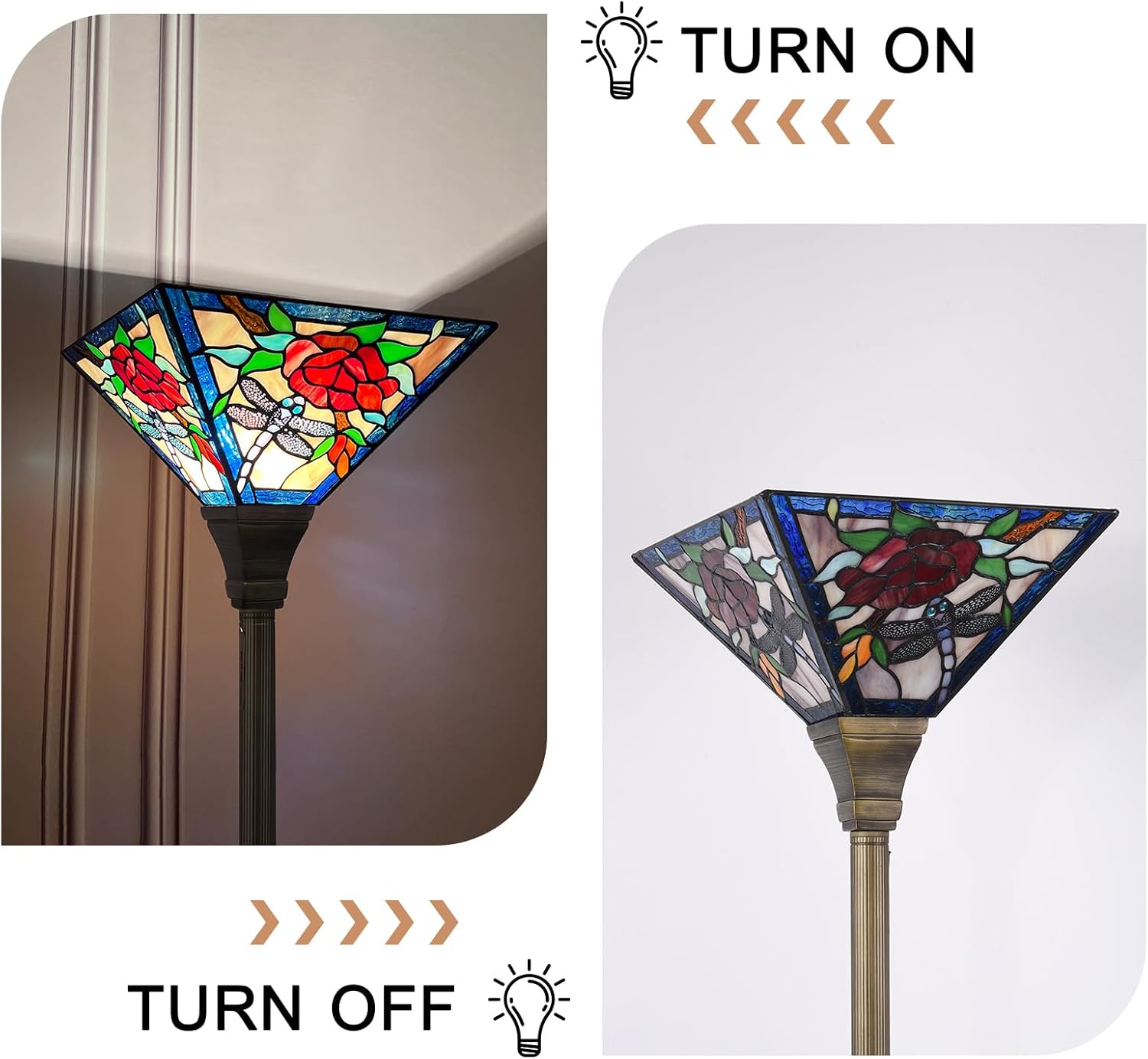 ARTZONE Tiffany Torchiere Floor Lamp,Handcrafted Stained Glass Lamp Shade,Antique Style Standing Corner Light for Living Room and Bedroom