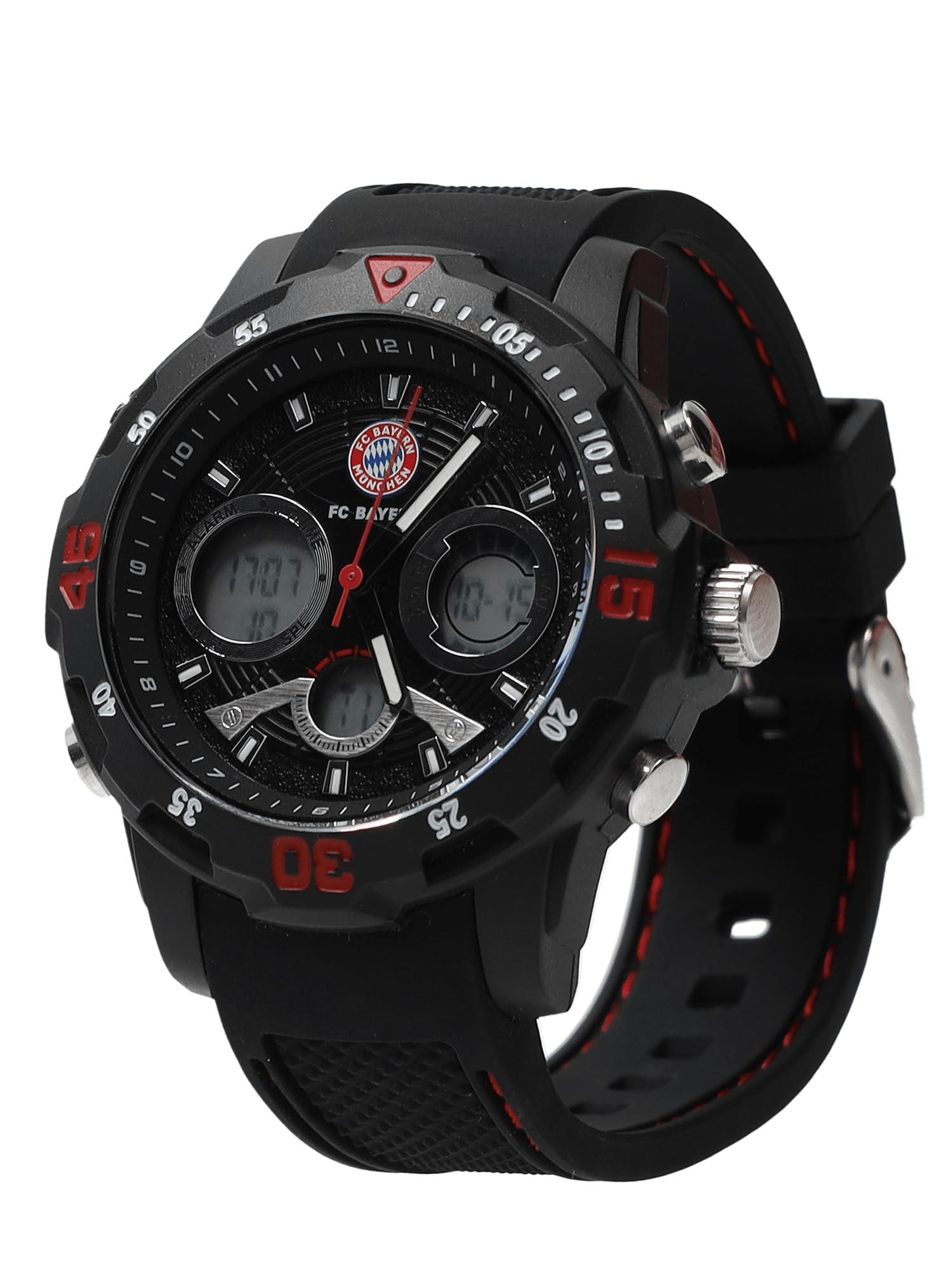 FC Bayern München Digitaluhr für Kinder (Schwarz) I wasserdichte Armbanduhr für Jungen mit Stoppuhr, Alarm & Hintergrundbeleuchtung I Offiziell lizenziert