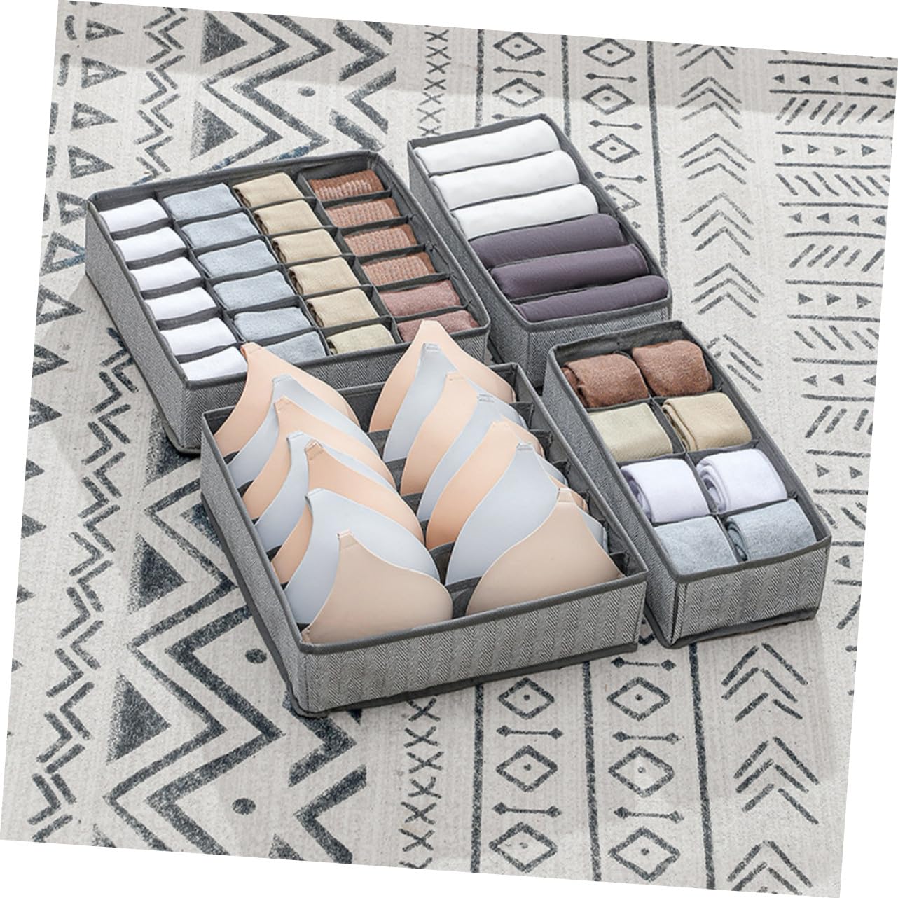 VILLCASE 4 pezzi Organizer Cassetti Intimo Pieghevole in Tessuto Grigio Divisori Multiuso per Mutande Reggiseni e Calzini Contenitori Compatti Resistenti e Antistrappo per Armadio