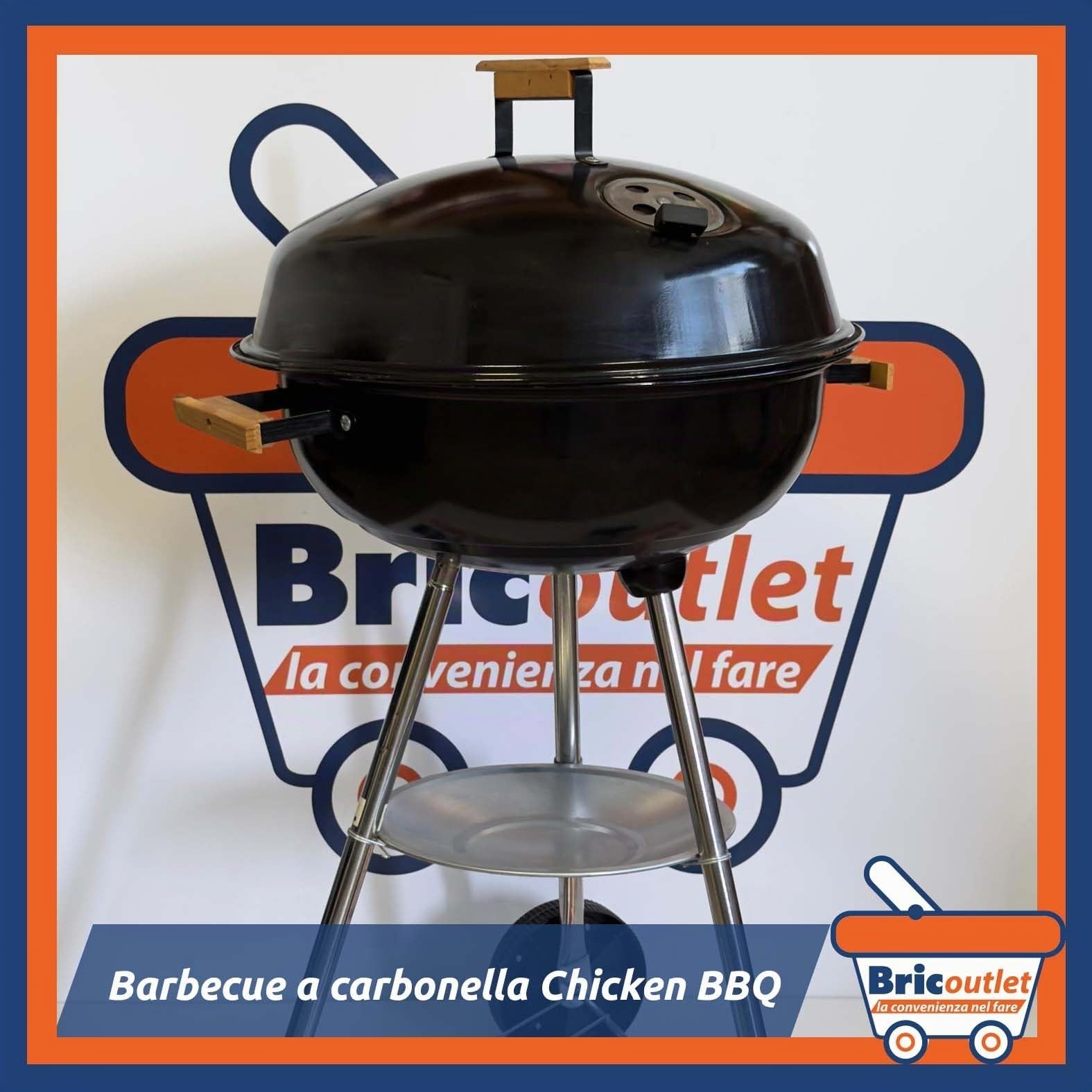 Barbecue a Carbonella CHICKEN BBQ – Griglia Ø44cm in Acciaio Inox – BBQ Portatile da Giardino, Balcone, Campeggio – con Maniglia in Legno – Barbecue Piccolo Compatto