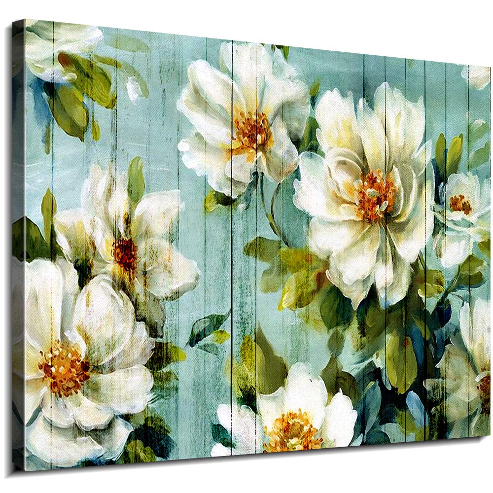 Flower Wall Art Painting - Floral on Retro Teal Blue Wood Background Canvas Prints Framed for Bathroom Bedroom Wall Decor - Living Room Dinning Room Pictures Artwork Ready to Hang 24"X32"X1 Panel