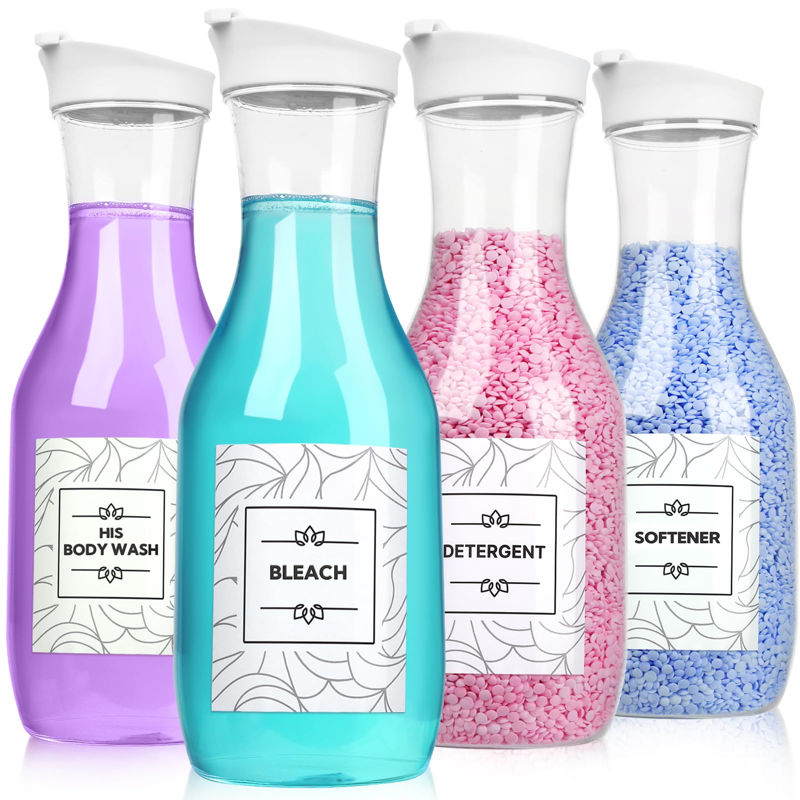 Confezione da 4 dispenser per detersivo per bucato, in plastica, da 1502,5 g, con 20 etichette per organizzare la lavanderia, per polvere liquida, candeggina, profumo, perline, sapone e ammorbidente