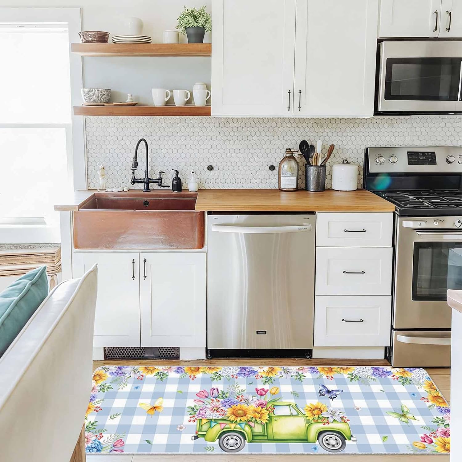 Spring Flower Green Farm Truck Kitchen Rug and Mat,Washable Floor Mats Standing Cushioned Set of 2,Floral Butterfly Blue Plaid Slip-Proof Doormat Runner Rugs for Indoor Bathroom Laundry Sink