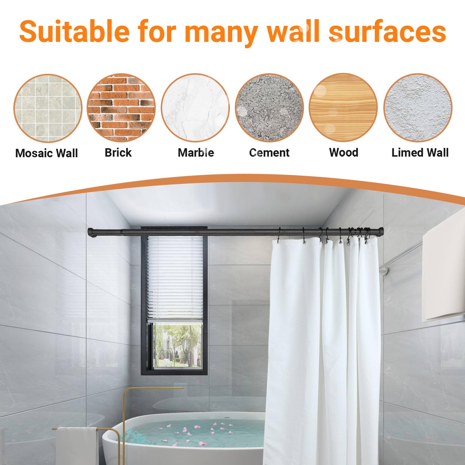 Tringle de douche double murale réglable 68 à 228 cm, noire antirouille pour séparation zone sèche/humide, installation simple pour salle de bain