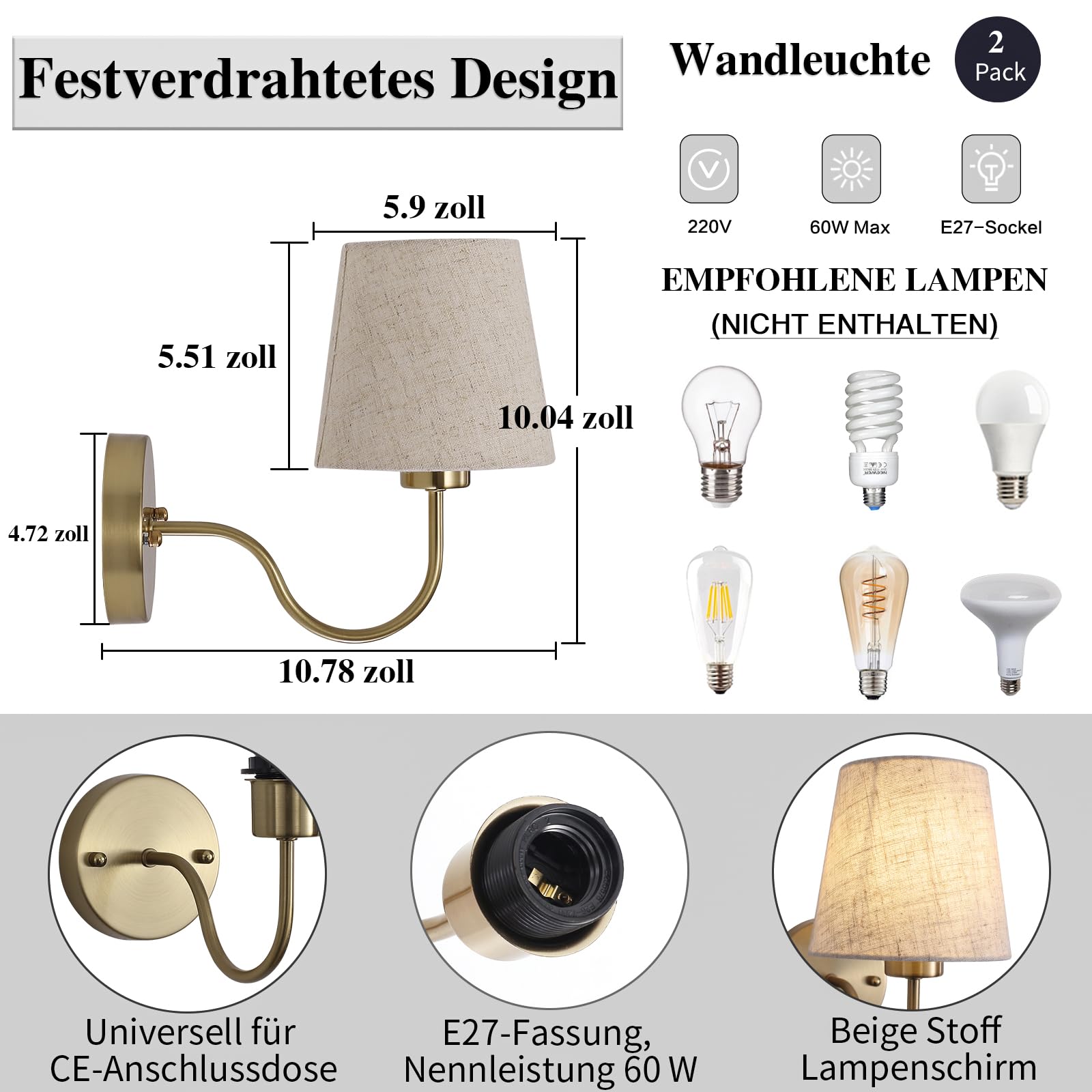 2er Set Wandleuchte Innen Vintage Wandlampe Gold, Lampe Wand Retro | Wandlampe Retro Wandbeleuchtung Innen Wand Licht Moderne Wandleuchte E27 Für Treppenhaus Flur Schlafzimmer Küche, Ohne Birne