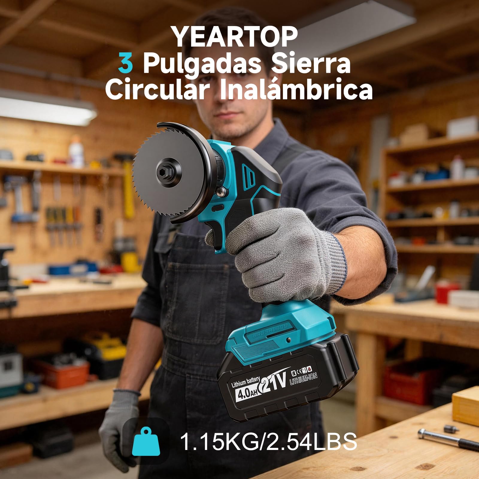 YEARTOP Mini Sierra Circular Batería 18V Amoladora 3" con 2x 4.0Ah Accu | Sierra compatible con batería Makita 18V. Corte ajustable, conexión aspiradora y 5 discos para azulejo, madera, metal