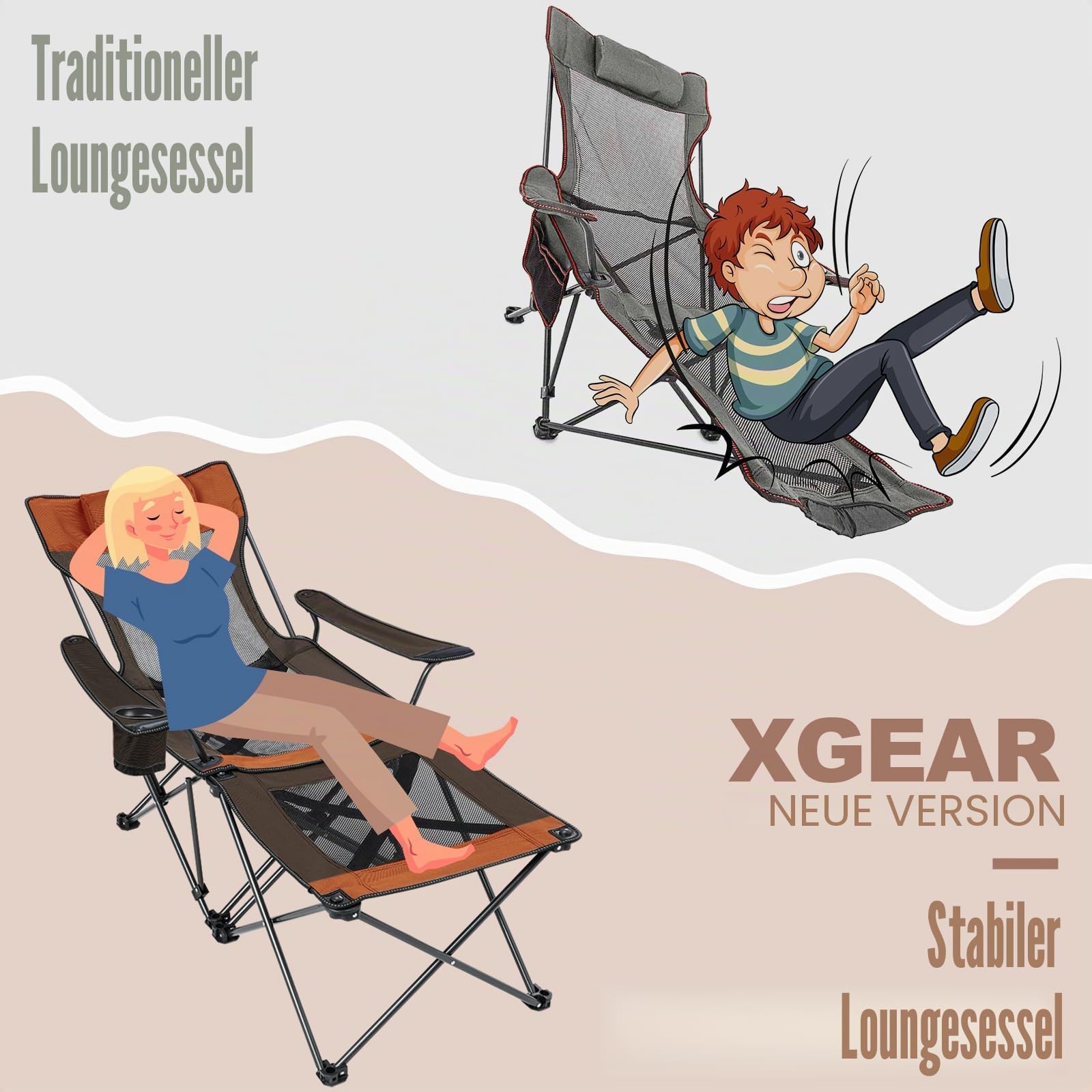 2in1 Faltbarer Liegestuhl mit Getränkehalter & Tragetasche für Camping | Sitz/Liege, verstellbare Lehne, Fußstütze abnehmbar, Getränkehalter, Tasche, Stahlrahmen, 136kg, für Strand Angeln Picknick