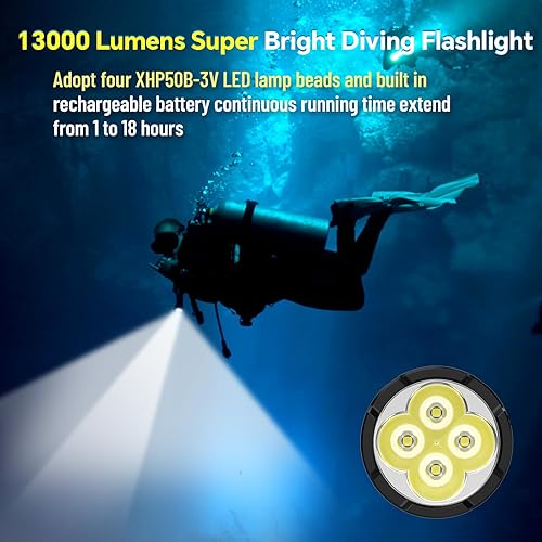 Miniatura 3 de Wurrkos DL70 - Luz de buceo, 13000 lúmenes, luz de buceo súper brillante con 4 luces LED de buceo, linterna de buceo impermeable IPX8 de 328 pies,
