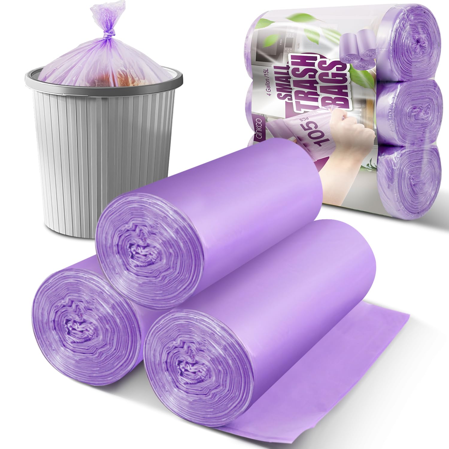 Small Trash Bags, 105 Count 4 Gallon Trash Bag Small Garbage Bags Unscented Bathroom Mini Trash Bags, Wastebasket Bin Liners, Small Plastic Bags for Home Office Kitchen, Purple