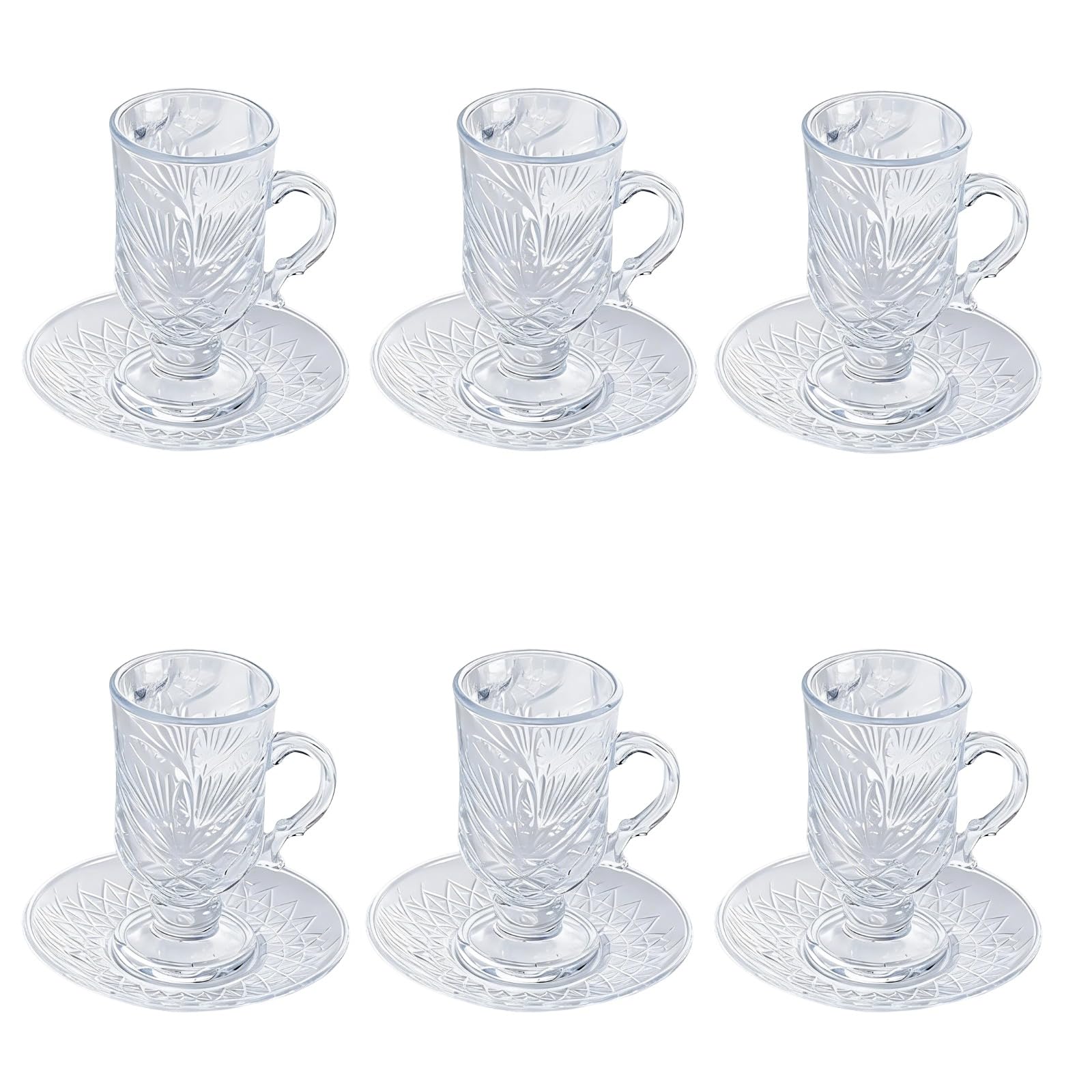 6 Stk. Kristallglas Tee- und Untertassenset, Lattegläser im Diamantdesign, elegante Fußbecher im europäischen Stil mit Griff, hitzebeständig, für Kaffee, Saft, Hochzeit, Party