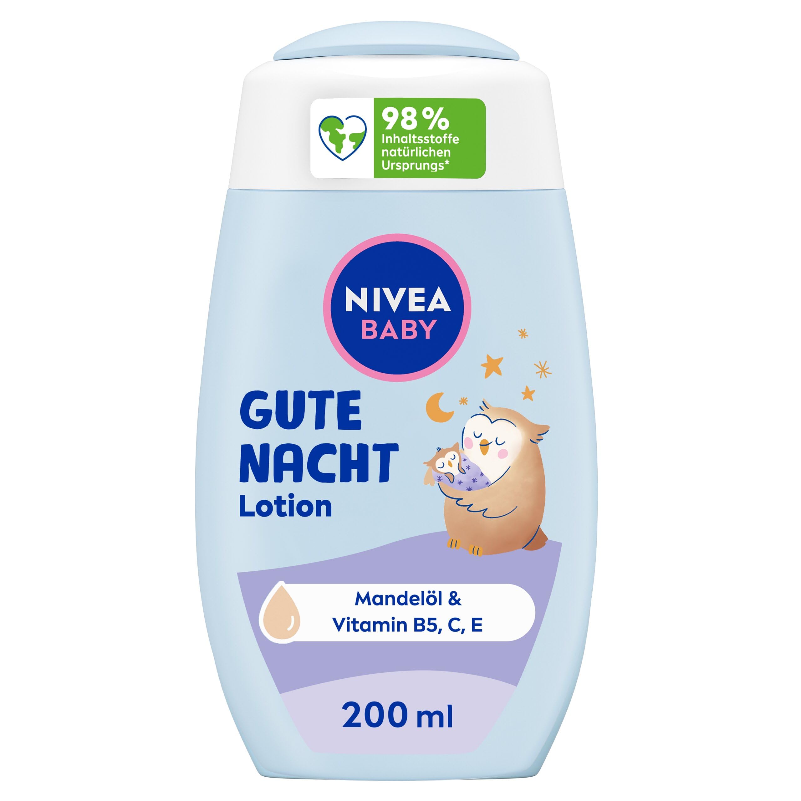 NIVEA Baby Gute Nacht Lotion, Bodylotion pflegt zarte Babyhaut mit Mandelöl, Vitamin E, C und B5, vegane Babylotion mit hypoallergener Formel ohne Parabene und Mikroplastik (200 ml)