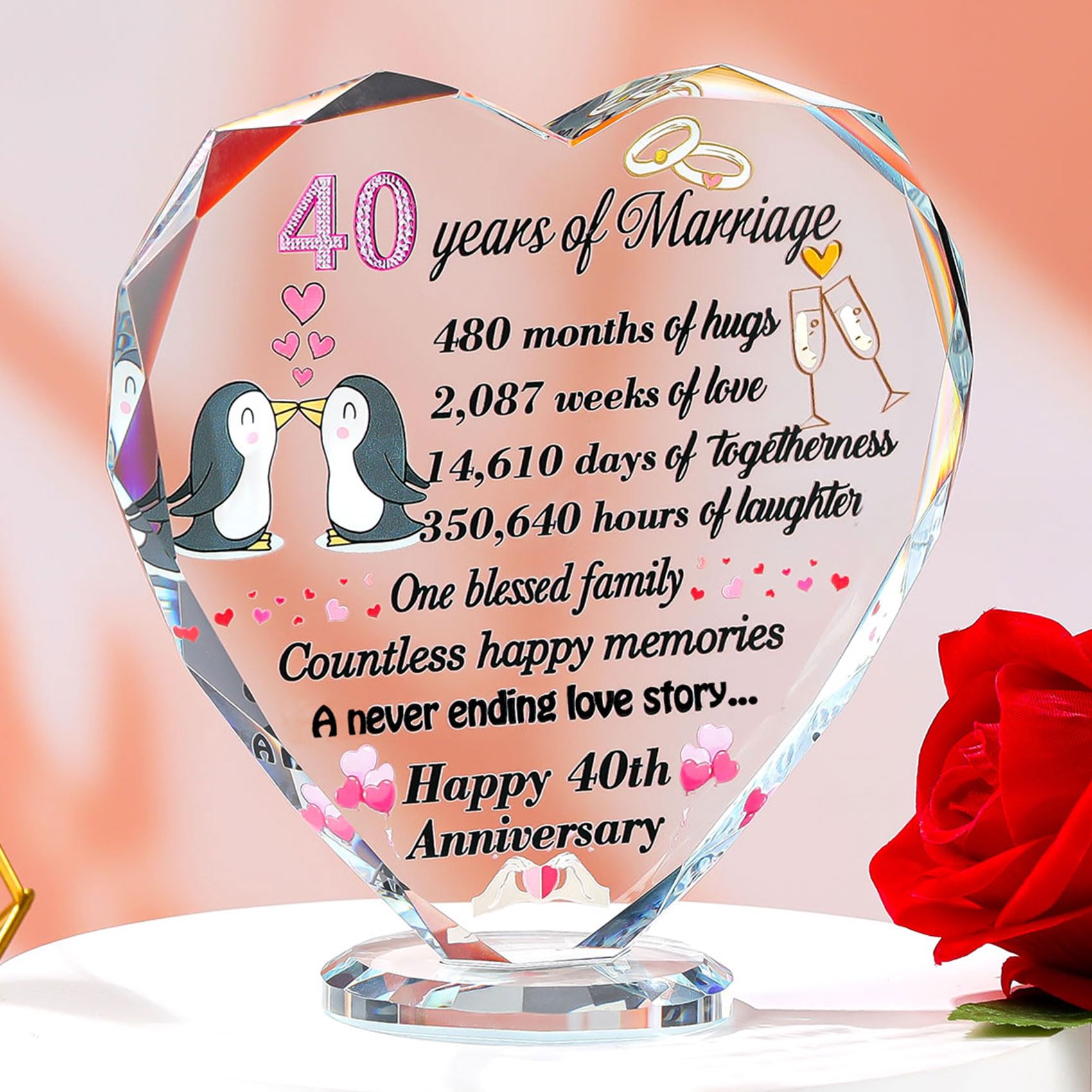 Ornalrist 40th Wedding Anniversary Romantic Gifts for Couple Ruby Wedding Anniversary Presents for Mum Glass Colourful Heart Keepsake Engraved 40 Years of Marriage