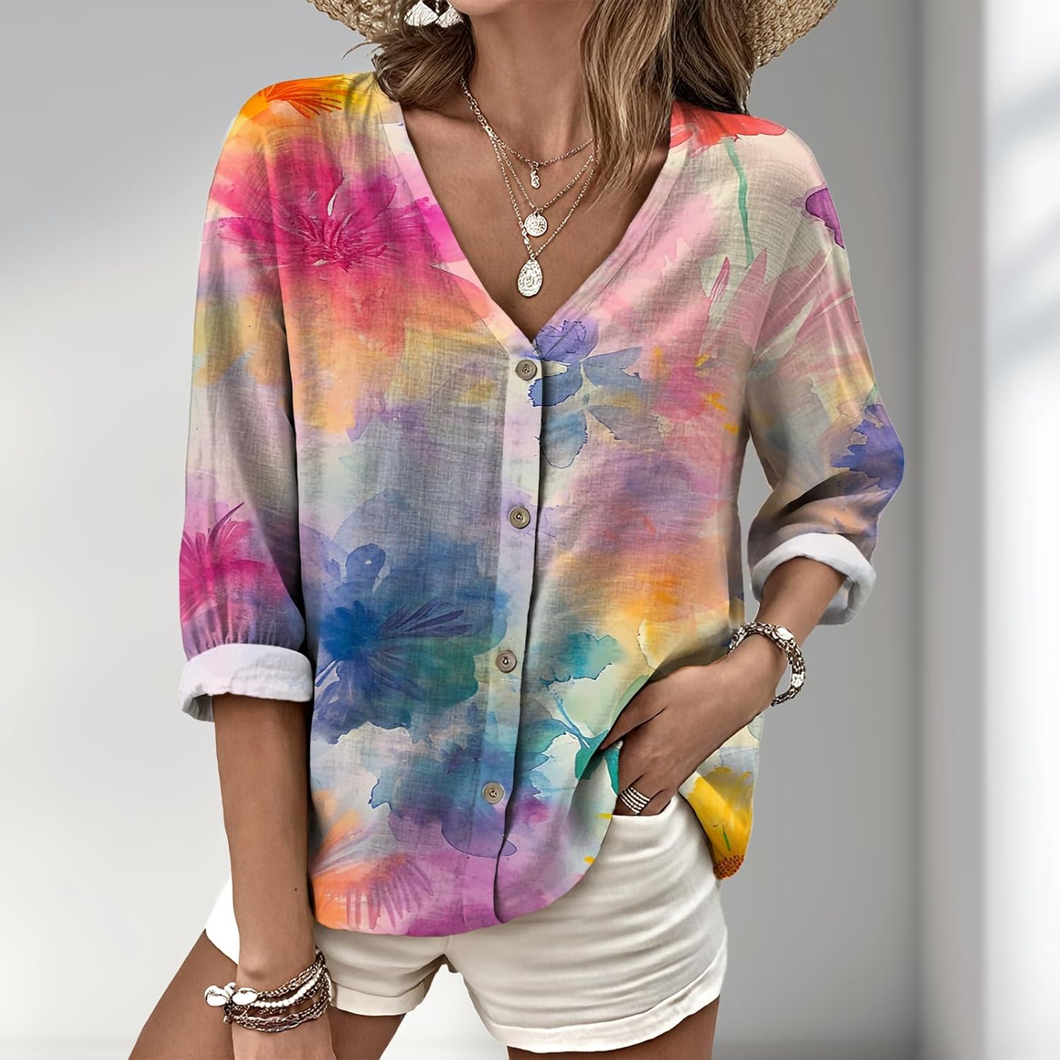Boho V Neck Oversized Button Up Shirt Western Breathable Blouses for Women Trendy Hawaiian Beach Vacation Wear - Image 2