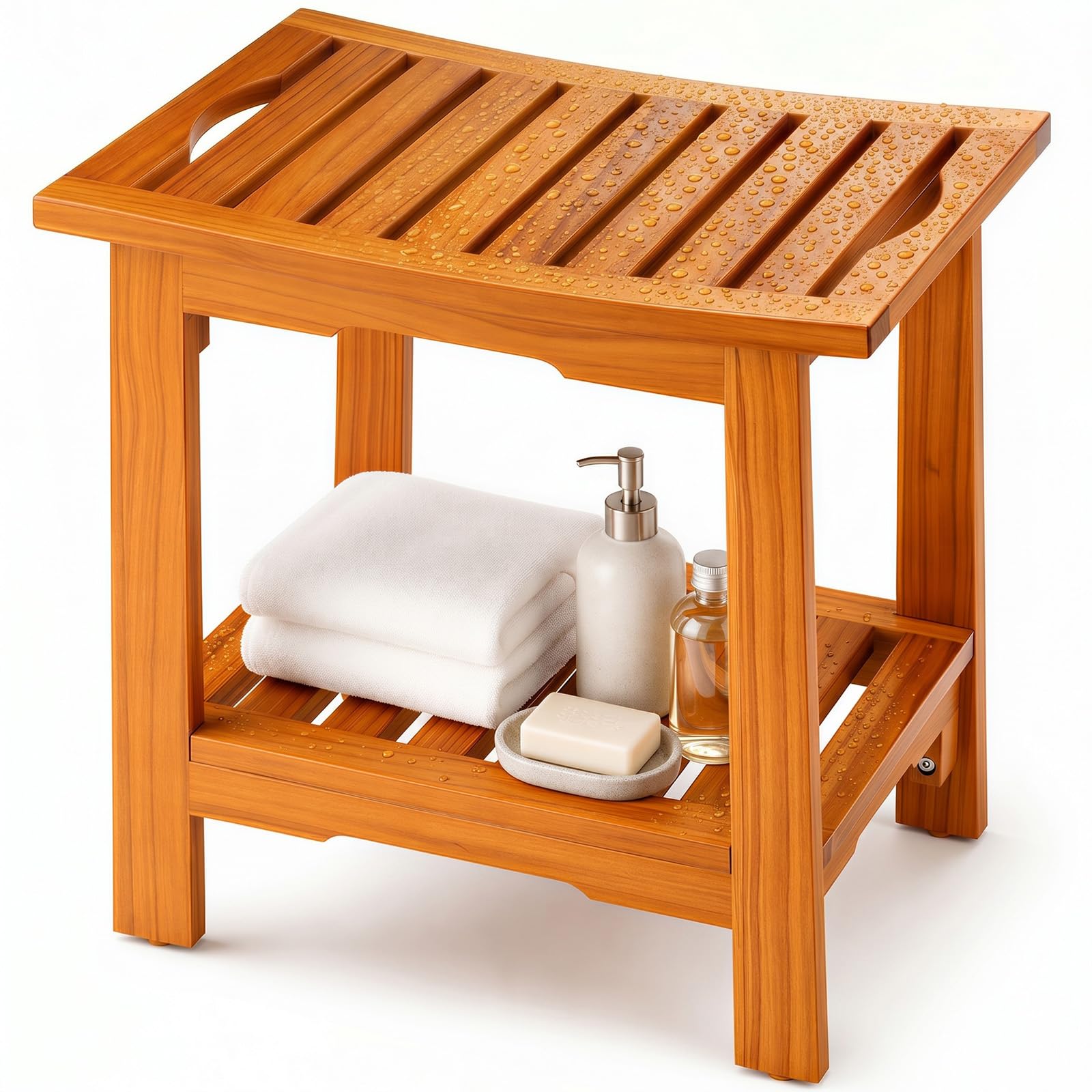 DUMOS 18" Compact Teak Shower Stool, Wooden Shower Bench | Shower Chair for Shaving Legs and Spa, 2-Tier Non-Slip Solid Wood Shower Stool with Handles for Bathtubs & Outdoor Pools