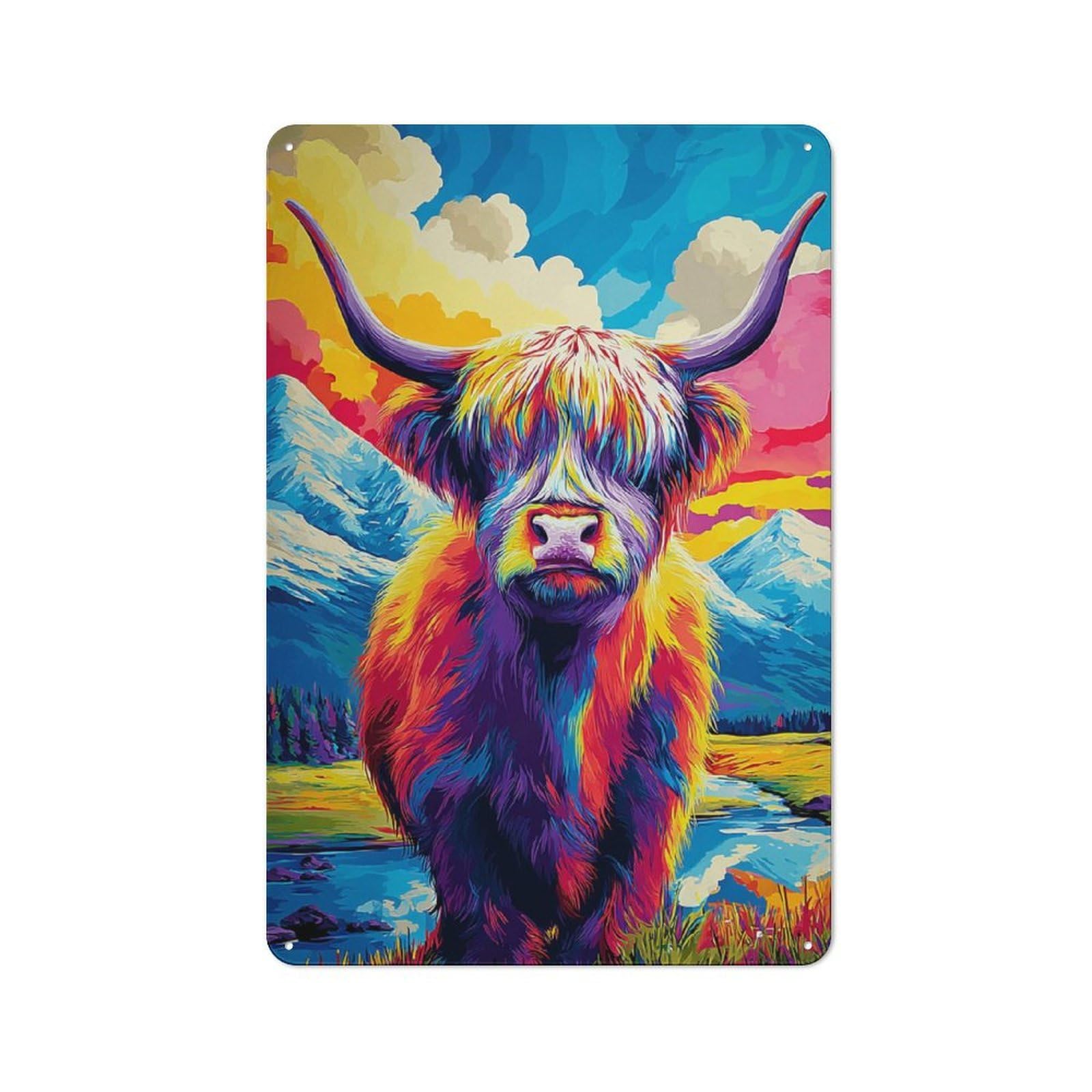 Junmoney Colorful Highland Cow Landscape -1 Industrial Tin Sign 30X20cm, Garage Wall Decor For Garage, Hobby Room, Office Or Man Cave