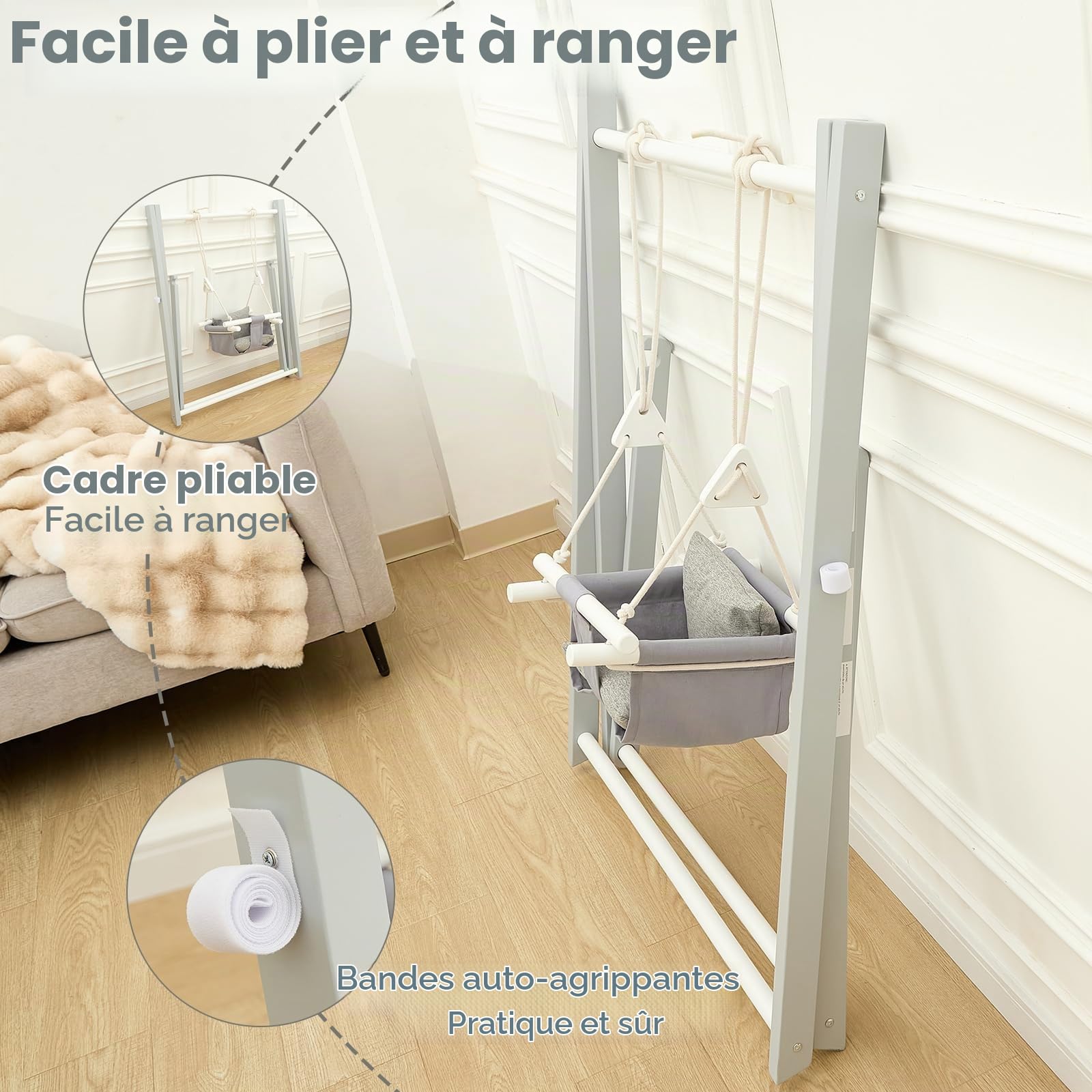 FUNLIO Balançoire en Bois Pliable pour Les Enfants de 6 à 36 Mois. Fabriquée en pin Durable, Portable avec 4 Sacs de Sable et des Sangles d'extension. Utilisation intérieure/extérieure - Gris