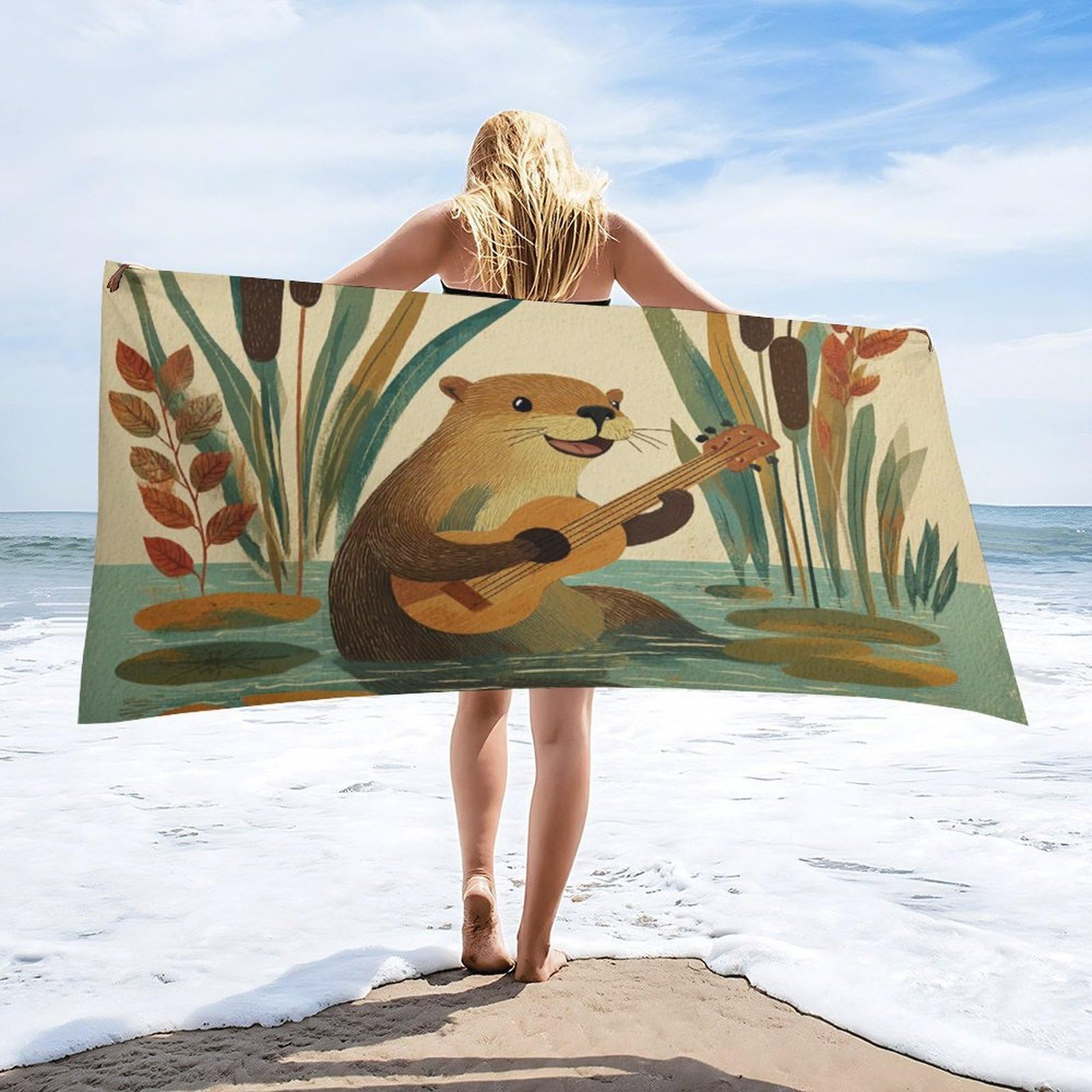 Luyysky Cute Anime Otter Playing Guitar Quick-Drying Beach Towel, Retro Watercolor Music Theme Animal Otter Lotus Leaves Travel Vacation Single Sided Pile Bathroom Towels-80 W Cm X 160" L Cm