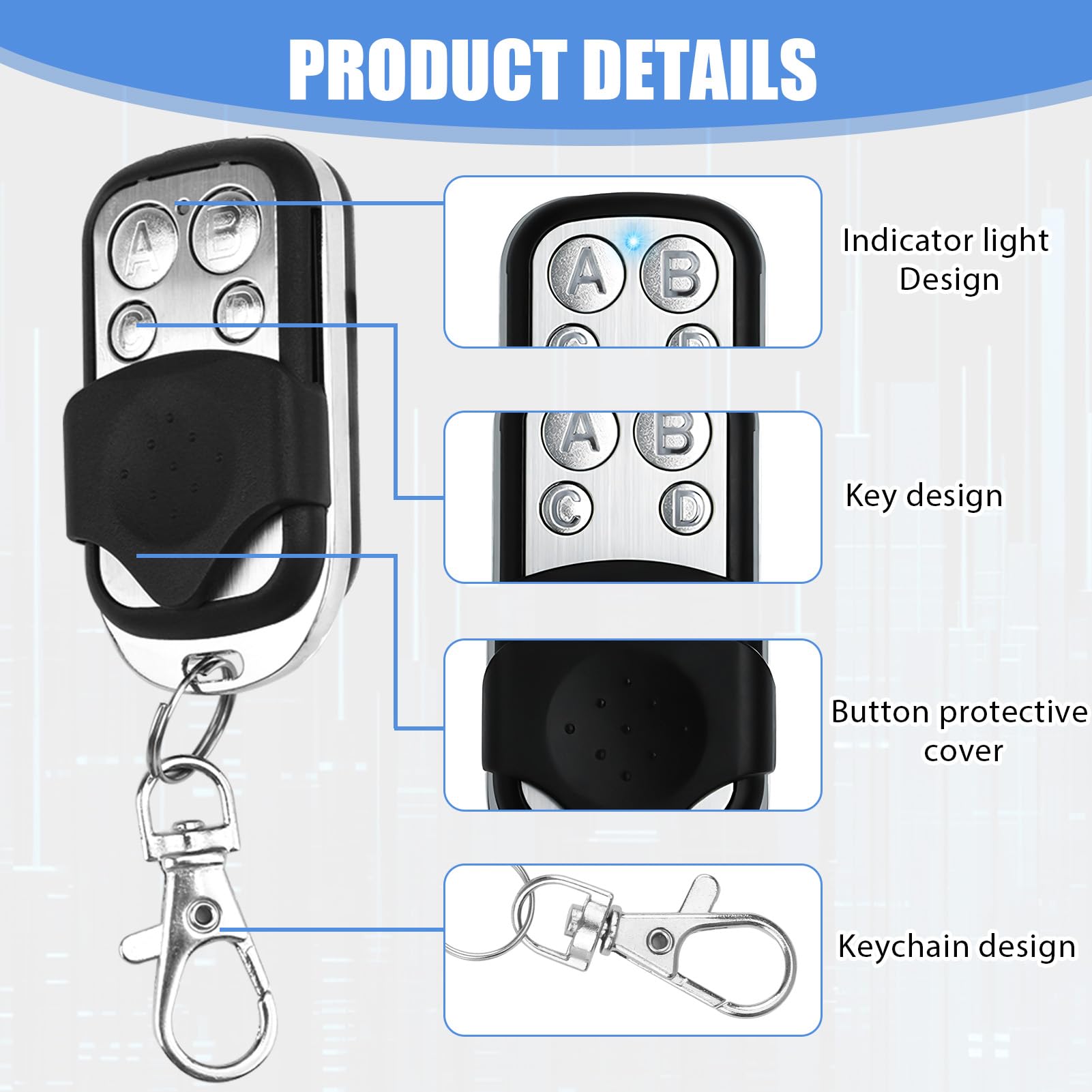 3Pcs Gate Remote Control Fob Universal Garage Door Opener Remotes 433.92MHz Electric Gate Fob with Key Cover Slide 4 Button Fixed Code Duplicator - Image 4