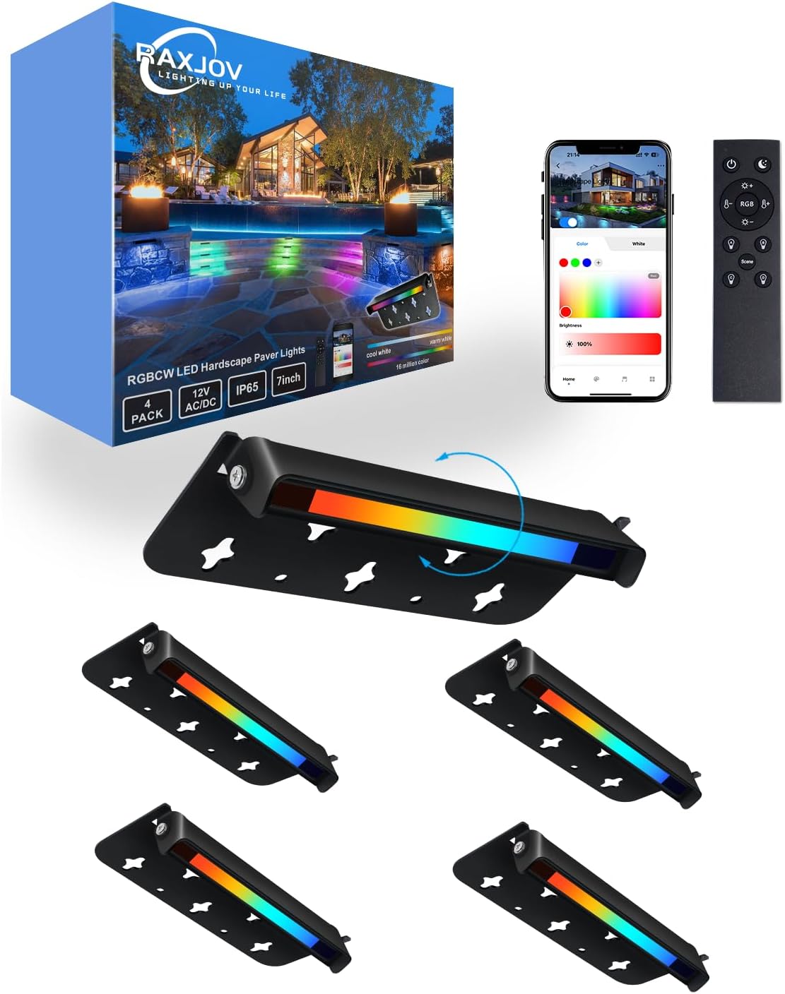 4 Pack 7 Inch 3W RGB LED Hardscape Lighting, Smart Retaining Wall Lights Color Changing with Remote Control, 16 Million Colors Landscape Wall Light, 12V AC/DC Low Voltage Outdoor Paver Lights