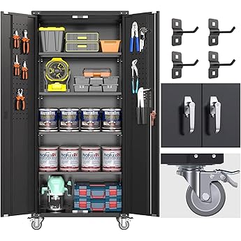 Seville Classics UltraHD Solid Steel Rolling Lockable Metal Storage Cabinet Locker Organizer, w/Adjustable Shelves for Garage, Warehouse, Office, Classroom, Graphite, 36" W x 18" D x 72" H