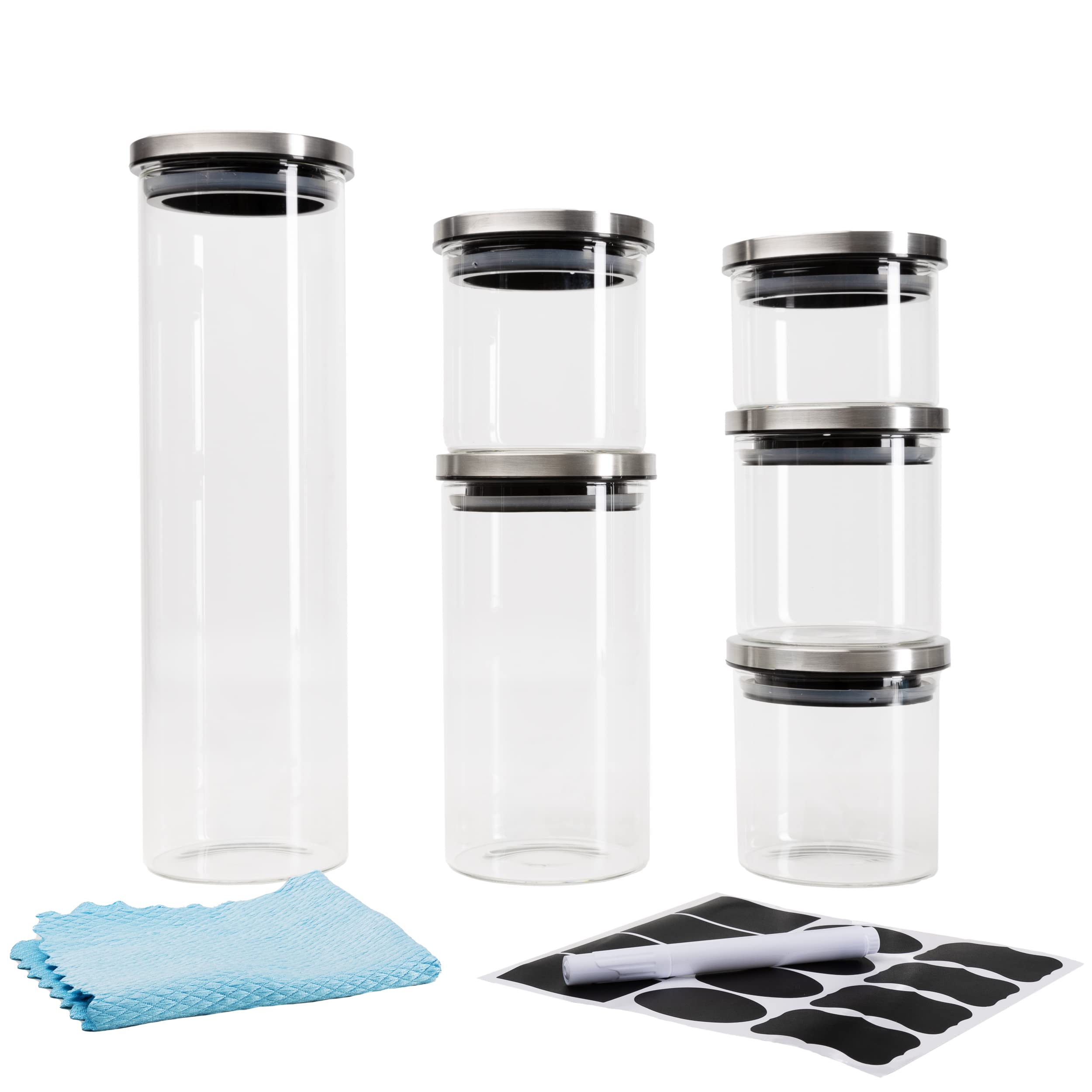 BAUER Flaschenbauer Vorratsgläser mit Deckel aus Borosilikatglas zur luftdichten Aufbewahrung inkl. Etiketten, Stift & Microfasertuch 1x 2000ml / 1x 1100ml / 3x 500ml / 1x 250ml / Edelstahlverschluss