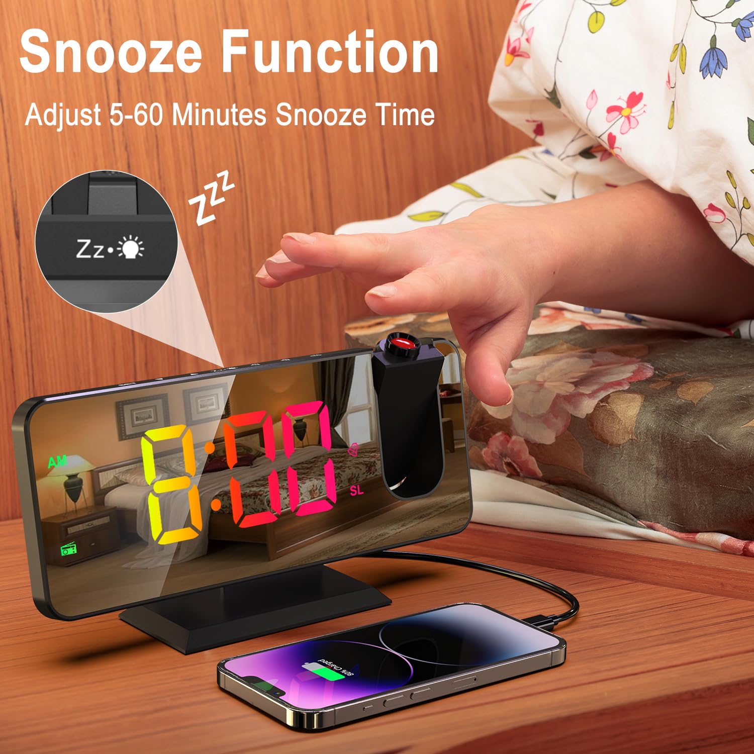 ThreeH Proiezione Sveglia RGB Radio Sveglia Sul Soffitto Proiettore Ruotabile A 180° Orologio Colorato Digitale Per Camera Da Letto Porta Di Ricarica USB Schermo A Specchio Nero
