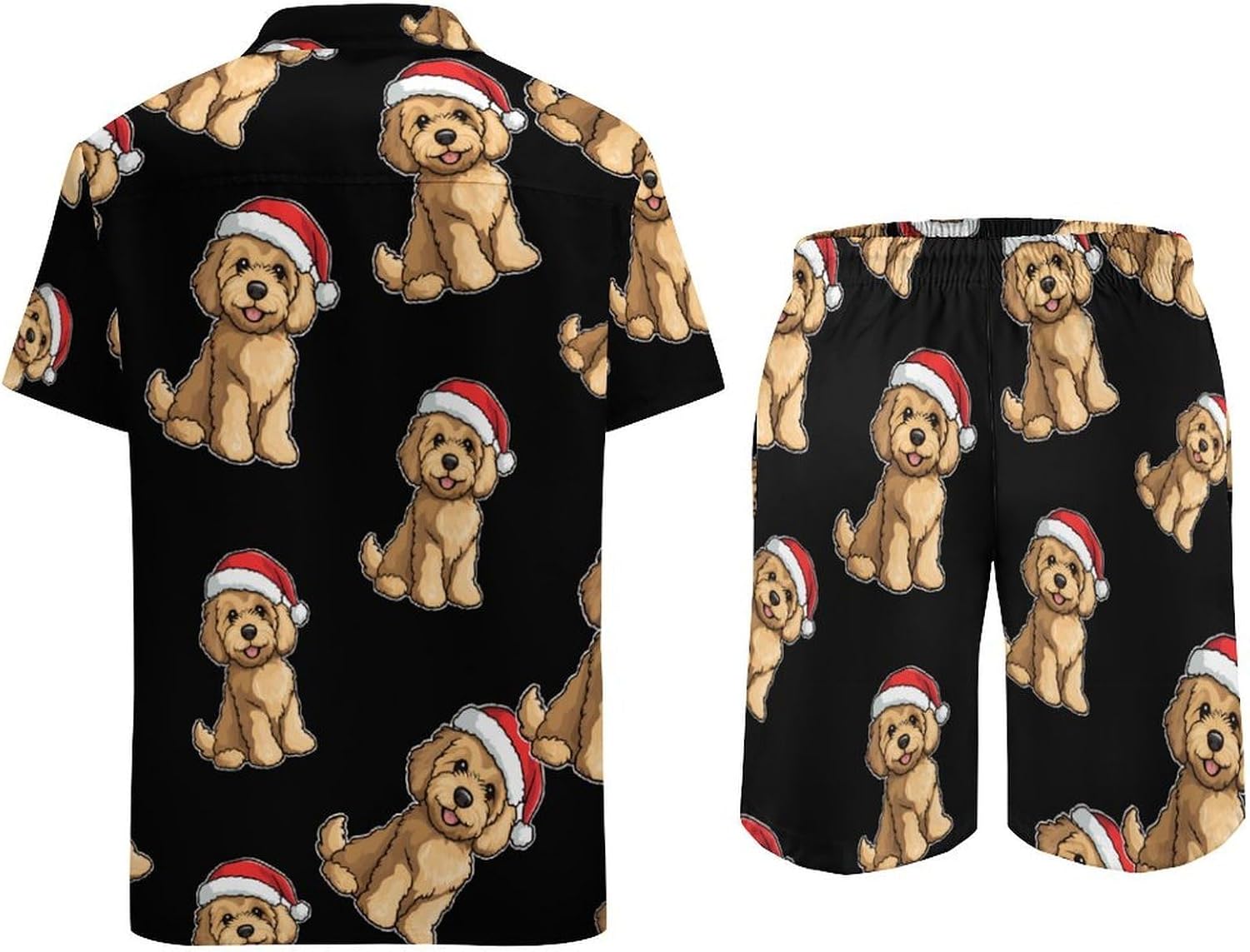 Santa Hat Goldendoodle Puppy Summer Mens Vacation Outfits Beach Shirts Shorts Matching Set