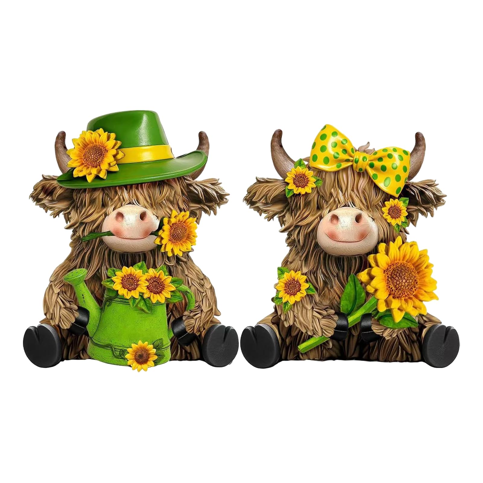 Glifora 2 Pcs Sunflower Highland Cow Figurine - Spring Summer Scottish Cattle Sculpture, Cute Farm Animal Wooden Statue for Kitchen, Table and Shelf Decor