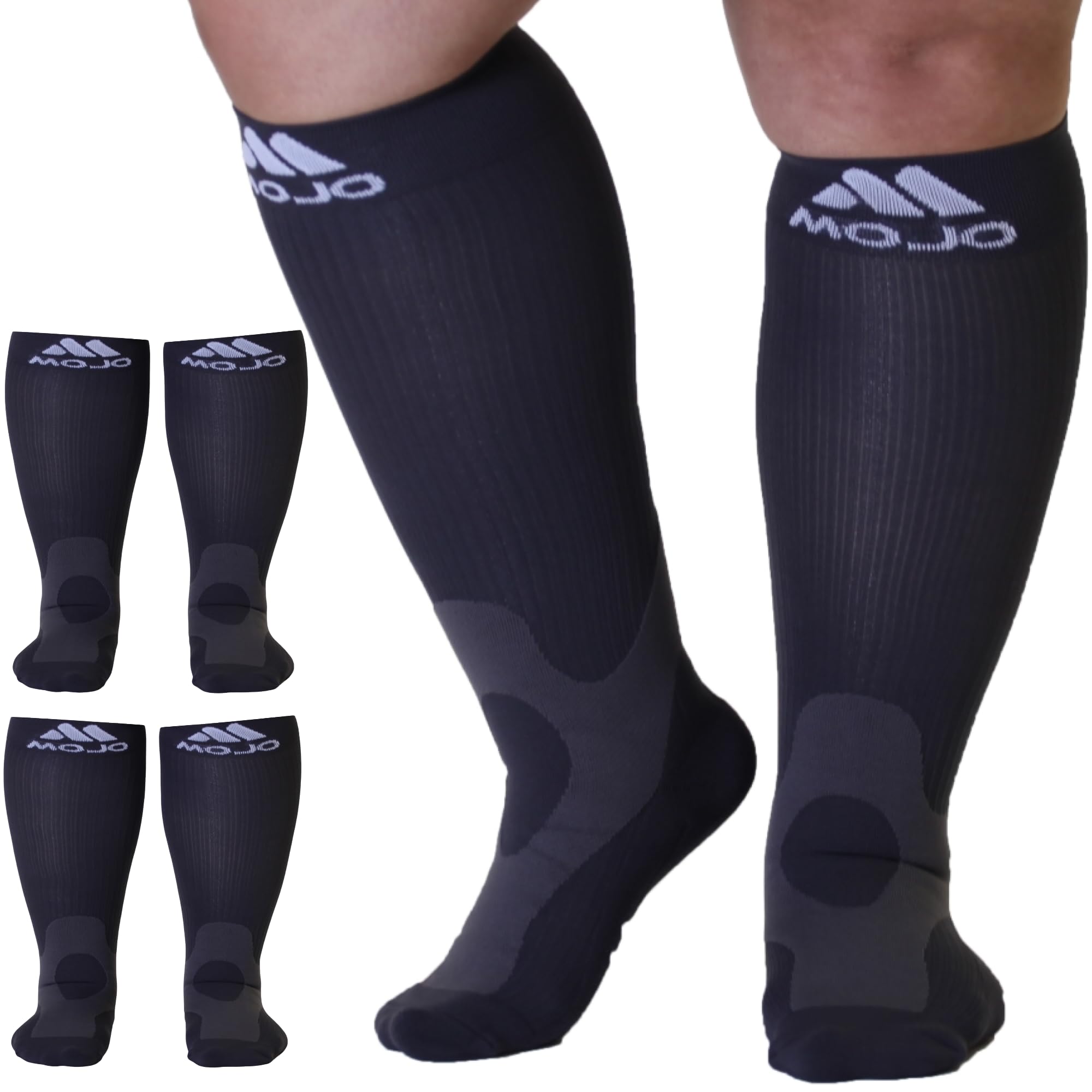 Mojo Compression Socks for Women and Men (3 Pairs) 20-30mmHg - Wide Calf Opaque Compression Stockings for Lymphedema, Thrombosis, Varicose Veins
