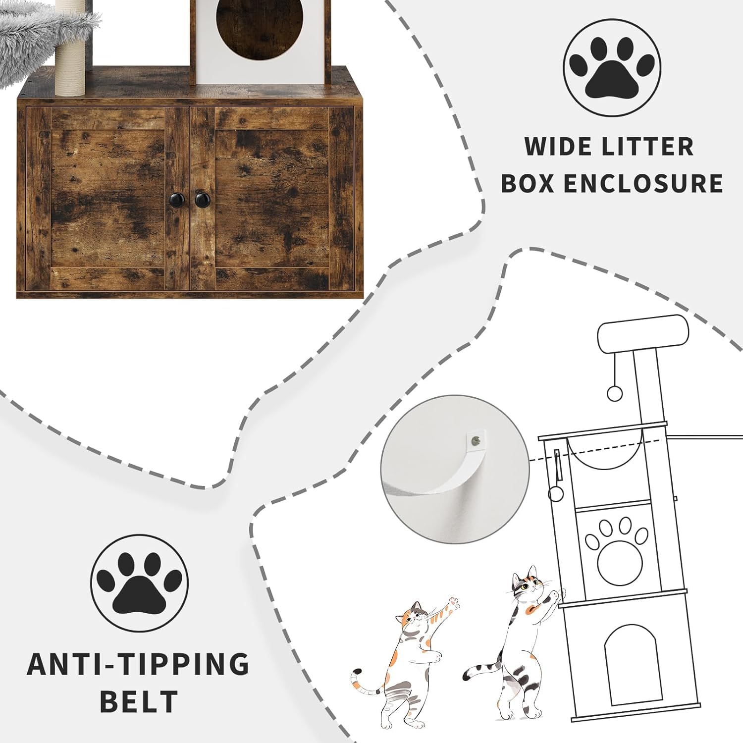 Katzentoilette mit Turm für Katzen, versteckte Toilette für Katzen, mit Sisal-Kratzbaum und Plüschstange, Holzmöbel für Katzen mit mehreren Plattformen, Braun (Braun + Weiß)