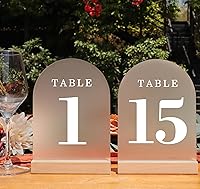Vista 13 de Números de mesa de boda del 1 al 25, letreros de arco acrílico con soportes de madera natural, decoración de mesa rústica para recepción y fiestas