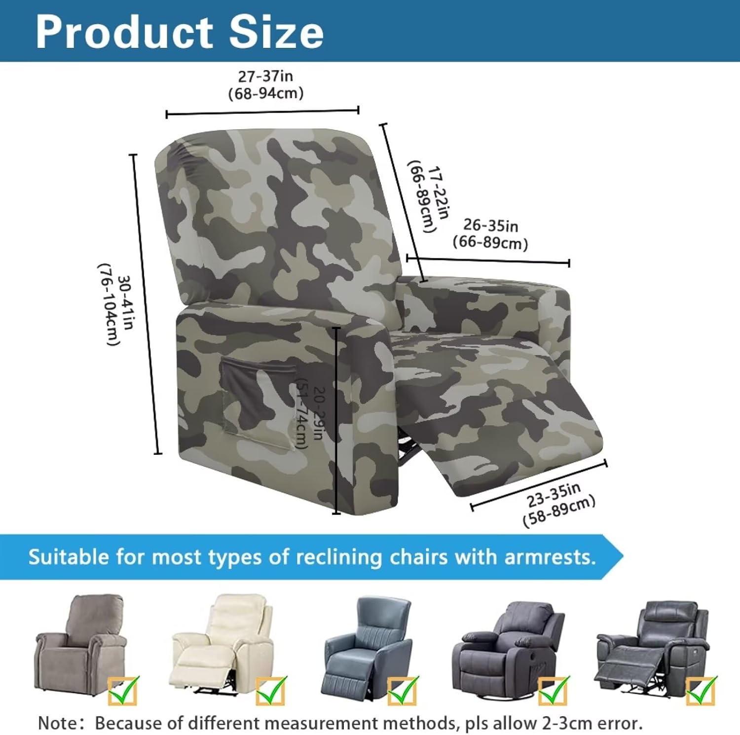 Lazy Boy Camo Recliner Chair Cover Camouflage Non-Slip Covers of Chair That Stay in Place with Elastic Pockets, Wear Resistant Reclining Seat Slipcovers for Pets and Kids