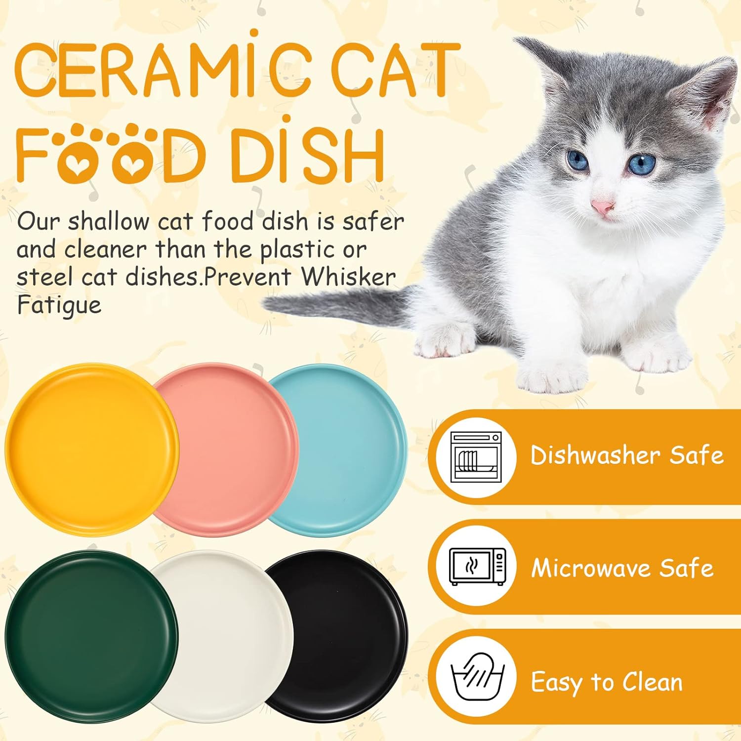 6 Pcs Ceramic Shallow Cat Food Dish 6 Inch Whisker Fatigue Free Round Bowls Wide and Small Pet Plate Feeding Bowls for Kittens and Short Legged Cat, Microwave and Dishwasher Safe