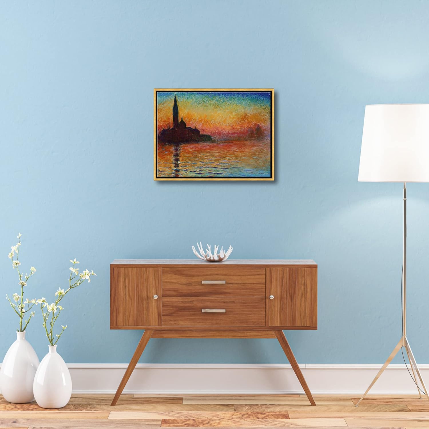 Wieco Art Framed Art Dusk in Venice by Claude Monet Oil Paintings Reproduction Modern Canvas Prints Landscape Pictures Artwork for Home office Decorations Bronze Gold Frame