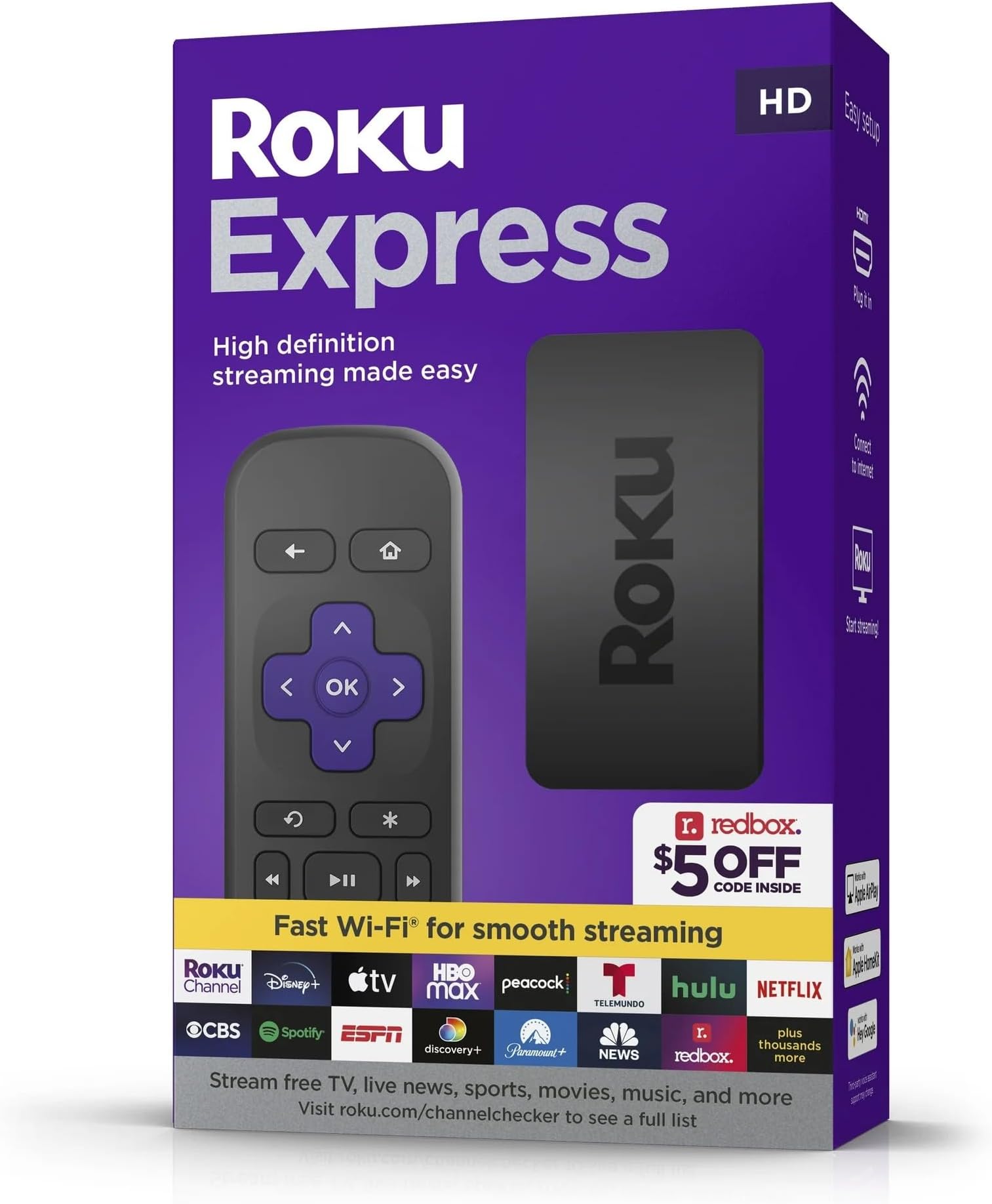Express (New) HD Streaming Device, with High-Speed HDMI Cable and Simple Remote (no TV Controls), Guided Setup, and Fast Wi-Fi, with MTC HDMI Cable and USB Extension Cord