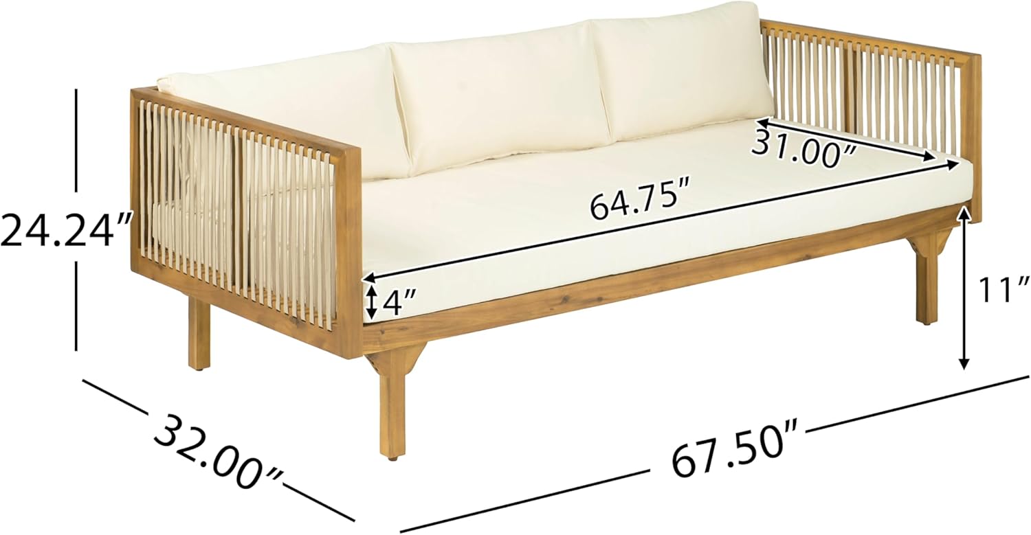 Christopher Knight Home Clarie Acacia Wood Outdoor Daybed Sofa with Water-Resistant Cushion, Solid Wood Patio 3 Seater Sofa Couch, Patio Garden Lounge Sofa with Rope Accent, Teak+Beige