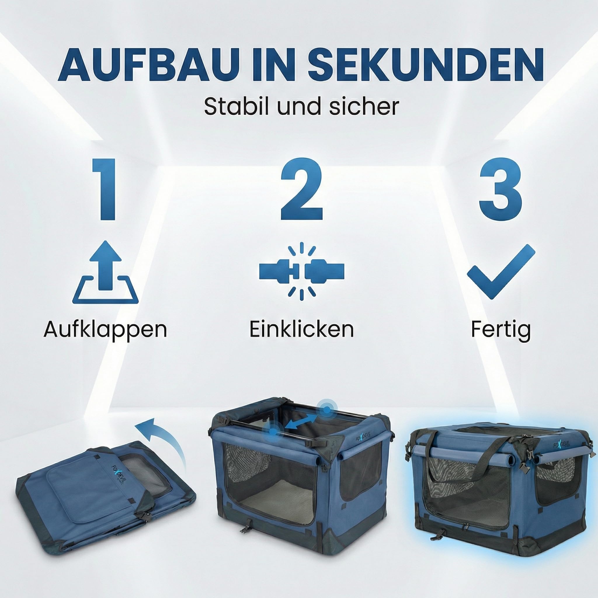 Foxdevil by xonic® Faltbare Hundebox/Katzenbox für mittelgroße Tiere – Hundetransportbox Auto und Zuhause – Transportbox Hund – Hundebox Auto Kofferraum (Blau, L)