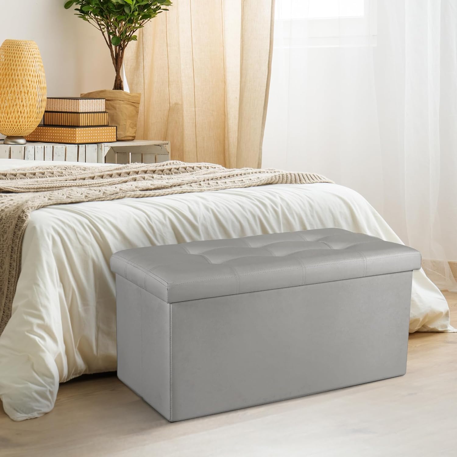 COSYLAND Stołek z miejscem do przechowywania, składany stołek, podnóżek, do salonu i sypialni, pojemność 80 L, maksymalne obciążenie 150 kg, 76 × 38 × 38 cm, Szary perłowy