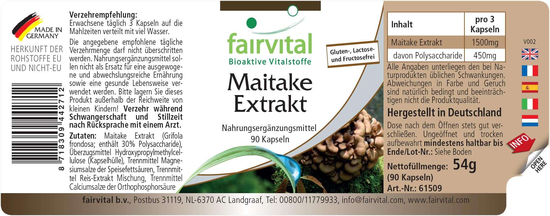 fairvital Estratto di Maitake 500 mg, 90 capsule, facili da deglutire, ALTO DOSAGGIO, Grifola frondosa, 30% di polisaccaridi, VEGANO