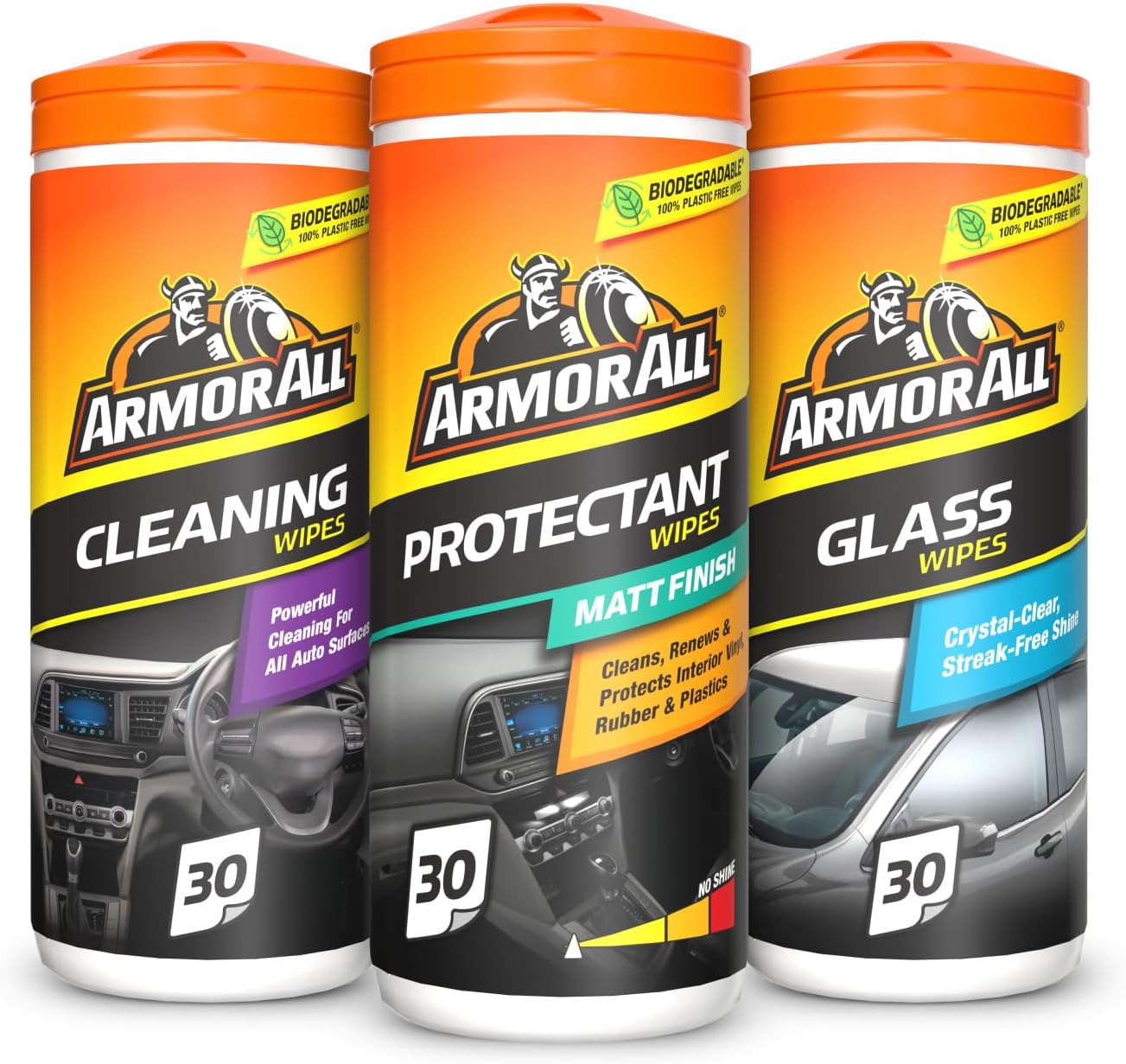 Armor All, Car Interior Cleaning Wipes, Triple Pack for Dashboard, Glass & All Around Interior, 90 Biodegradable Wipes (Set of 3x30 Plastic Free Wipes), Ideal for Car Detailing, Made in the UK