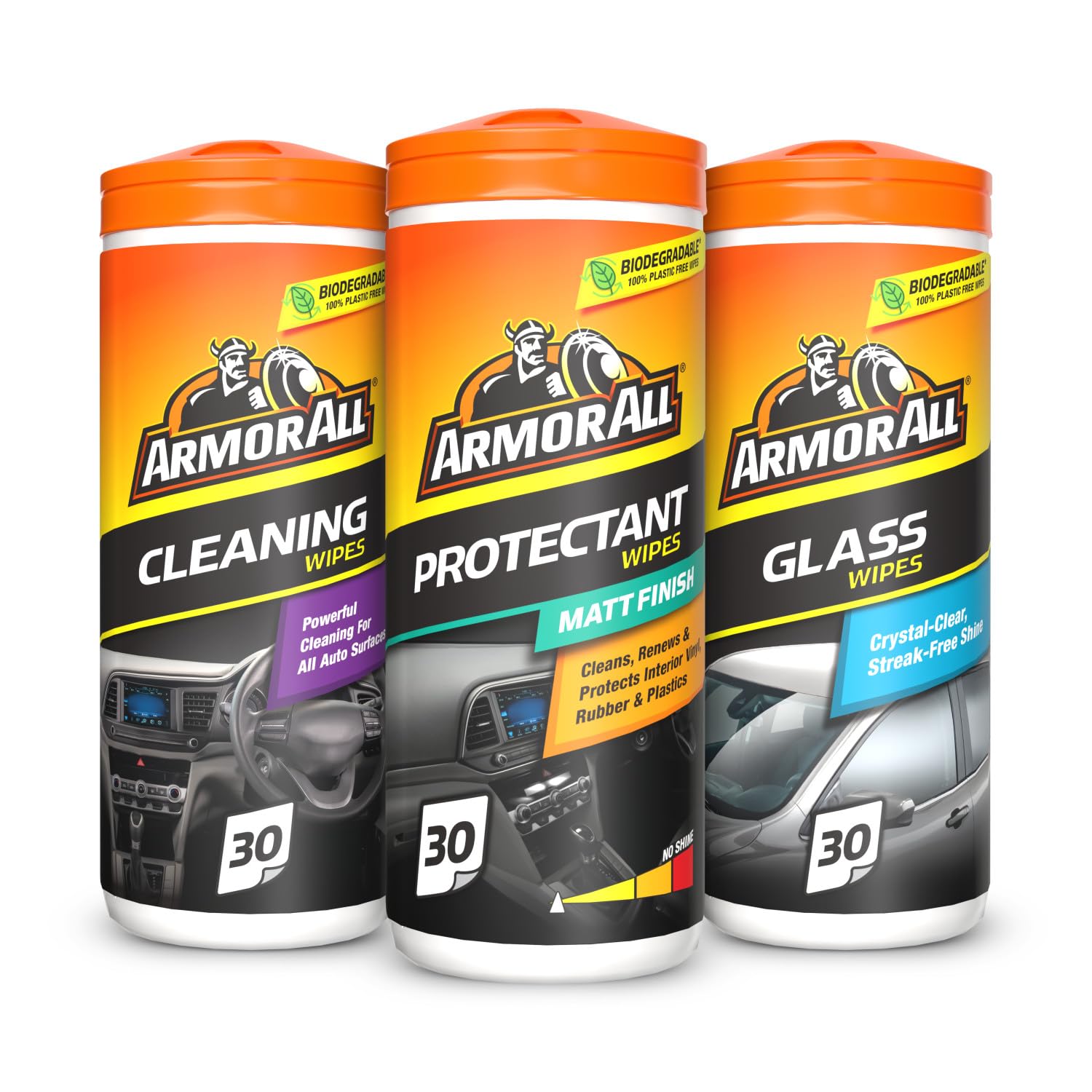 Armor All, Car Interior Cleaning Wipes, Triple Pack for Dashboard, Glass & All Around Interior, 90 Biodegradable Wipes (Set of 3x30 Plastic Free Wipes), Ideal for Car Detailing, Made in the UK