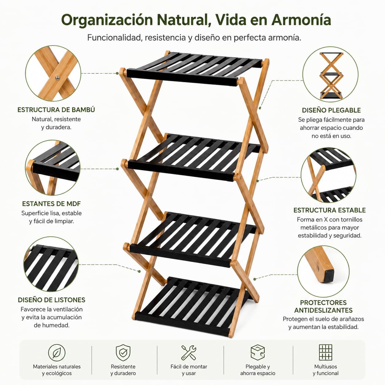 XZ-24508 Estante Zapatero de 3 Niveles Plegable de Bambú 28x37.5x93.5cm Negro - Organizador Portátil para Calzados Sin Instalación, Zapatero para Pasillos