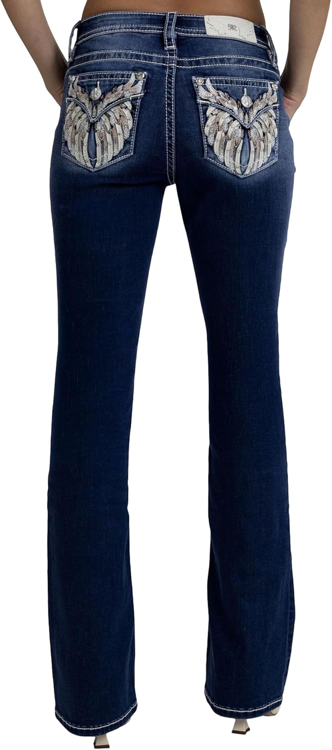 Miss Me Women's Downturned Wings Embellished Faux Flap Pockets Mid-Rise Bootcut Jeans