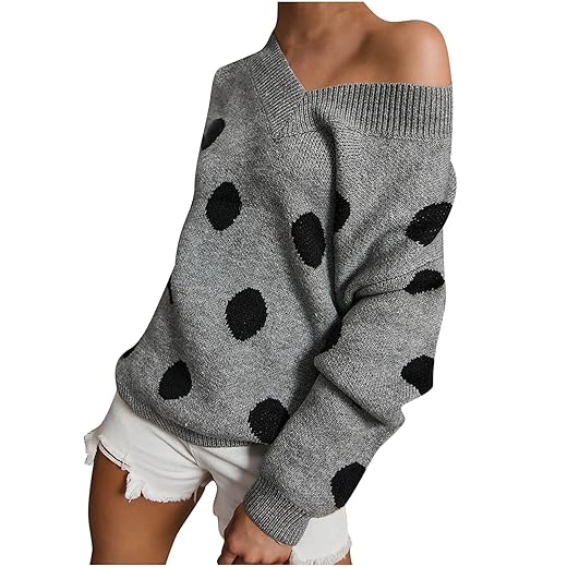Women Polka Dot Knit Sweater V Neck Long Sleeve Sweaters Casual Loose Classic Pullover Knitted Cozy Jumper Tops Gray