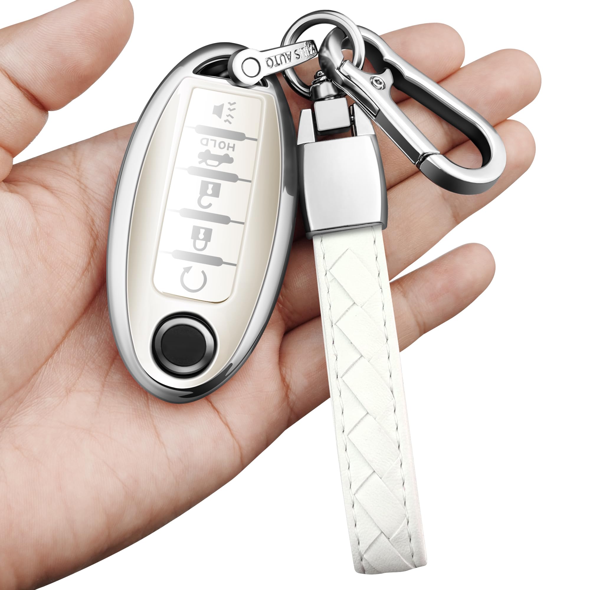 Sindeda Compatible Nissan Key Fob Cover - Leather Keychain, Soft TPU Shell Case - Fit Altima Sentra Maxima Rogue Armada Pathfinder Infiniti Smart