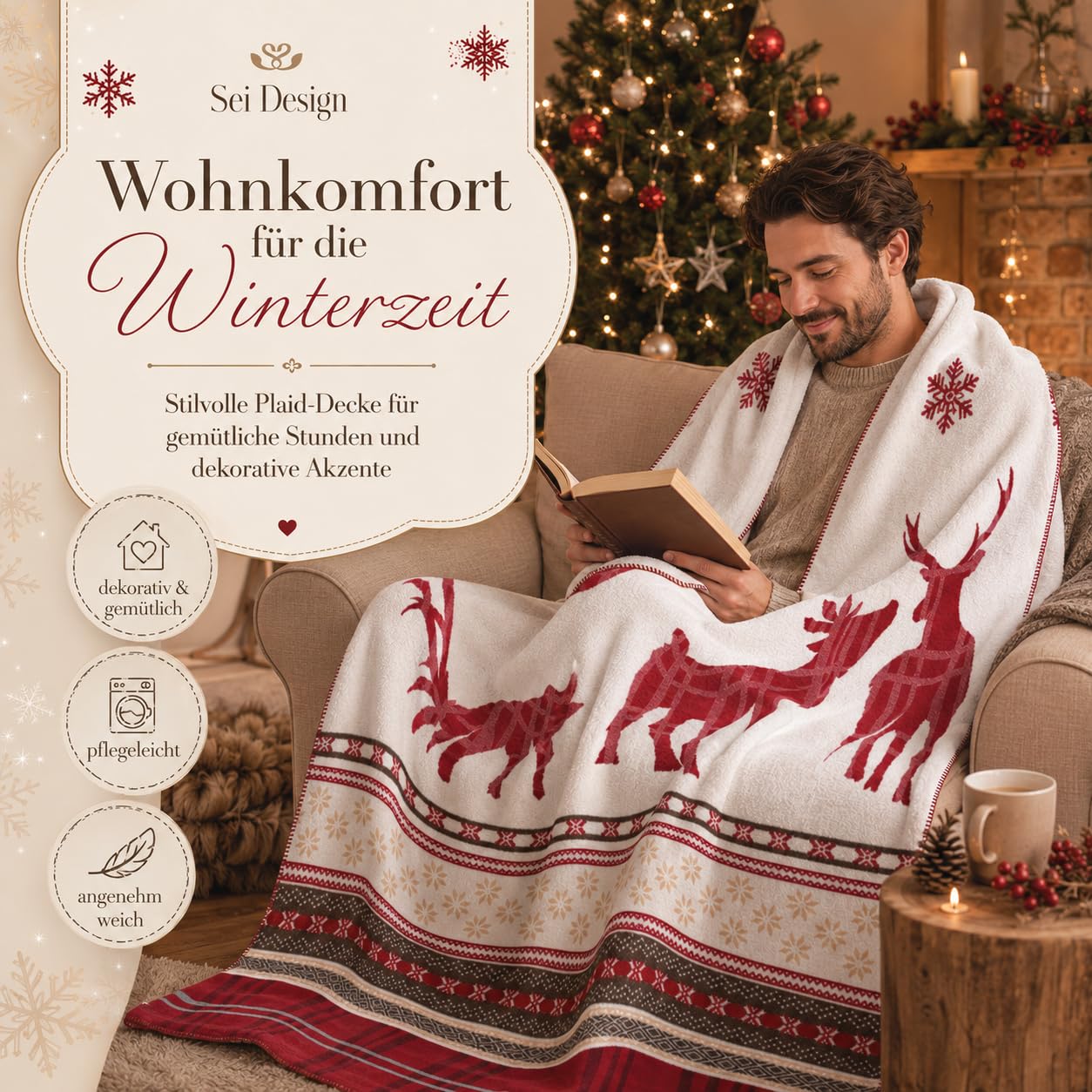 sei Design Weihnachts Kuscheldecke 150x200 Weihnachten Fleece Decke X-Mas Winterdecke Wohndecke Weiche Dicke Decke mit Weihnachtsmotiv als Sofadecke Couchdecke Überwürfe Plaid Weihnachtsdeko