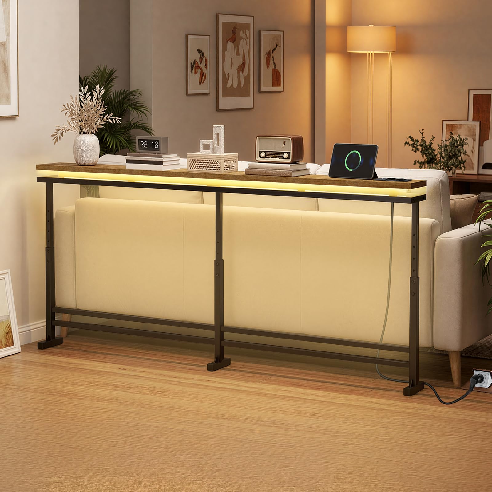 YATINEY Consolle Ingresso con Altezza Regolabile, Tavolo Console con LED | 200 cm Consolle sottile con Stazione di Ricarica, Tavolo da Ingresso Dietro Divano per Corridoio, Soggiorno, XCT27CDBR